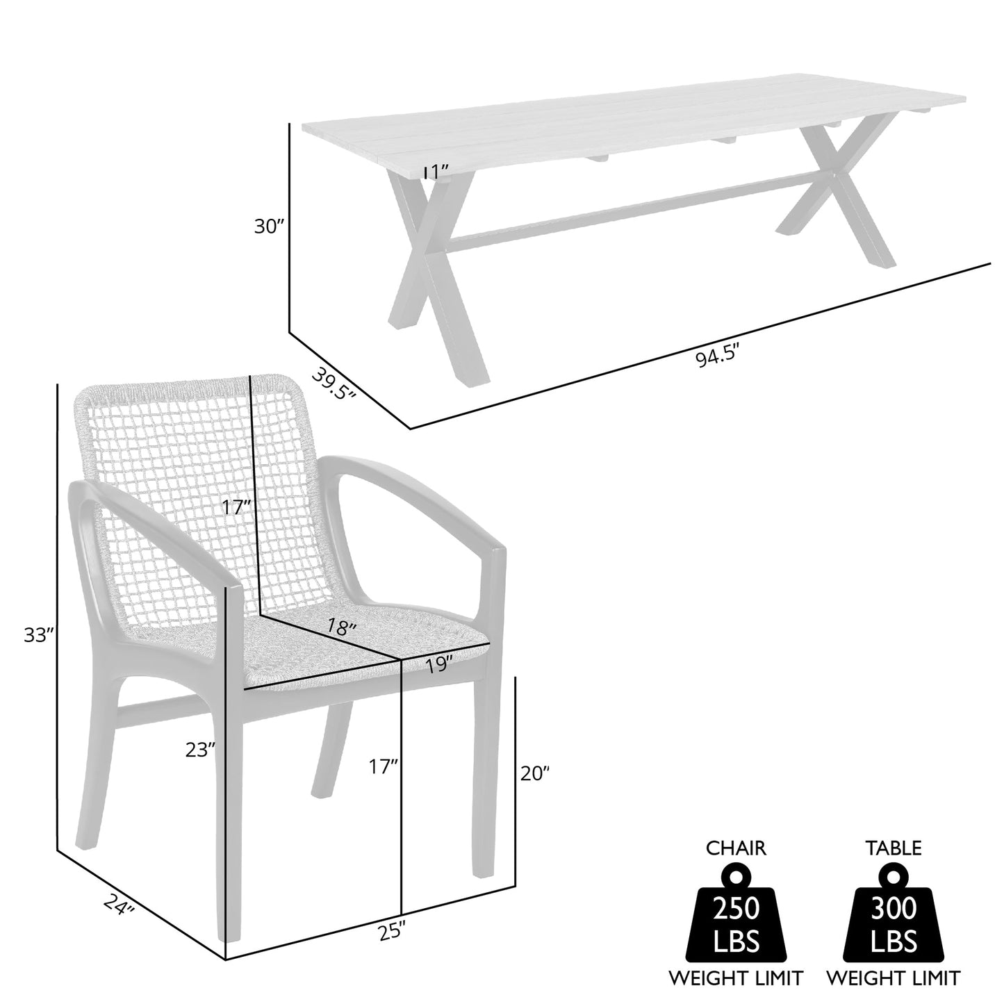 Glendora Beckham Outdoor Patio 5 Piece Live Edge Dining Set in Eucalyptus Wood and Gray Rope