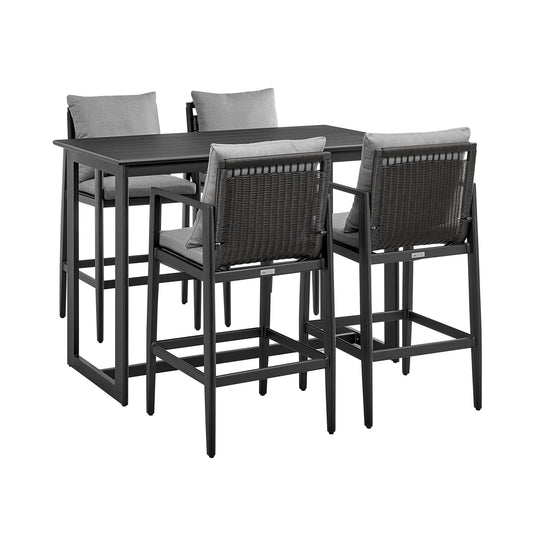 Cayman Outdoor Patio 5-Piece Bar Table Set in Aluminum with Gray Cushions