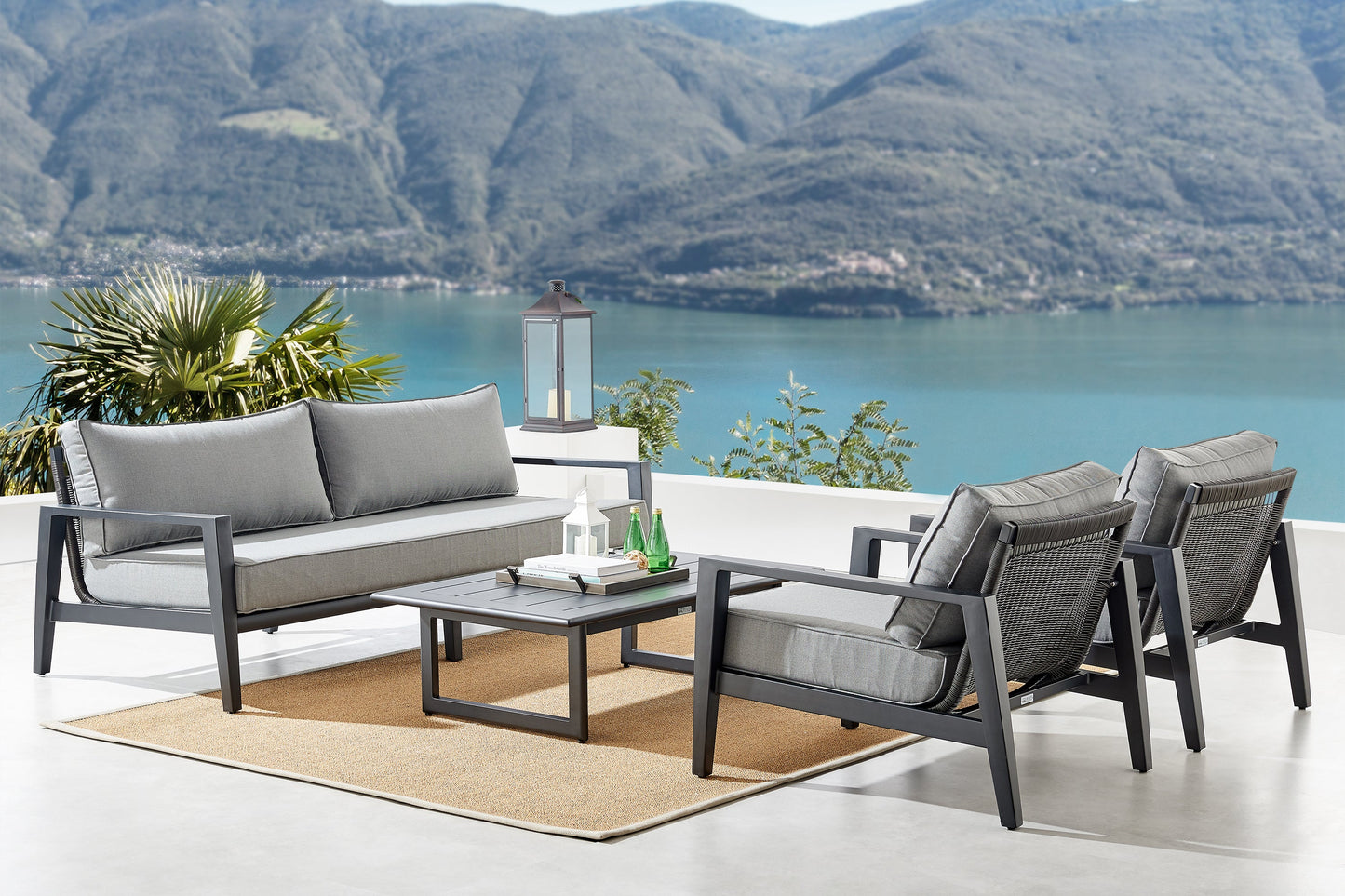 Cayman 4 Piece Black Aluminum Outdoor Seating Set with Dark Gray Cushions