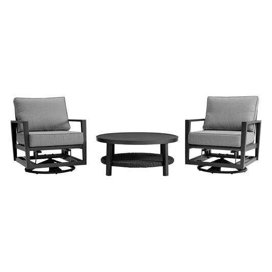 Cayman 3 Piece Black Aluminum Outdoor Seating Set with Dark Gray Cushions