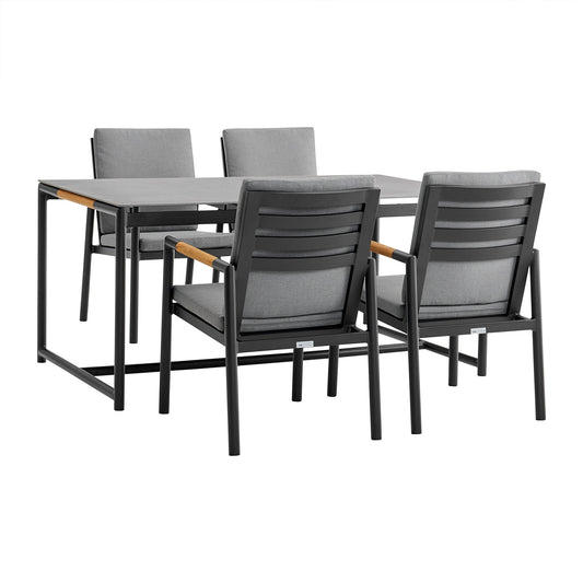 Crown 5 Piece Black Aluminum and Teak Outdoor Dining Set with Dark Gray Fabric