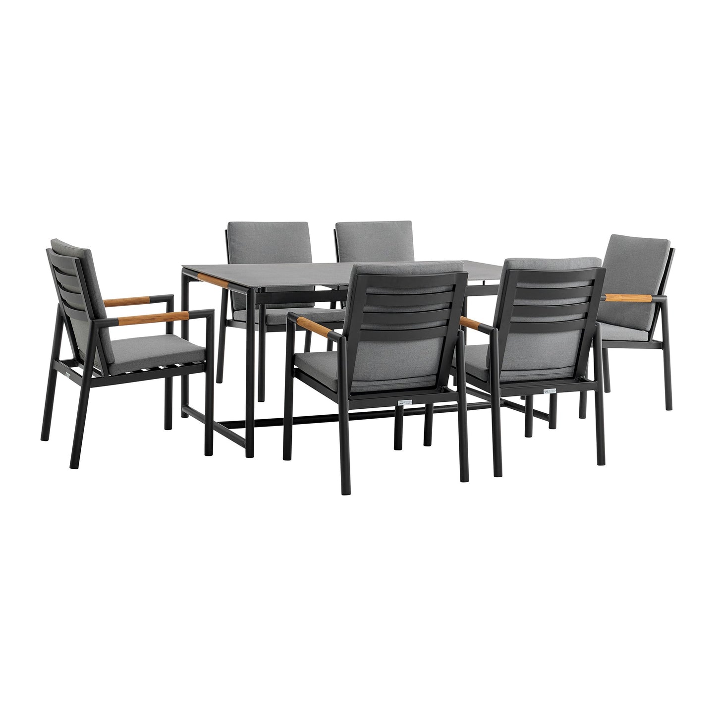 Crown 7 Piece Black Aluminum and Teak Outdoor Dining Set with Dark Gray Fabric