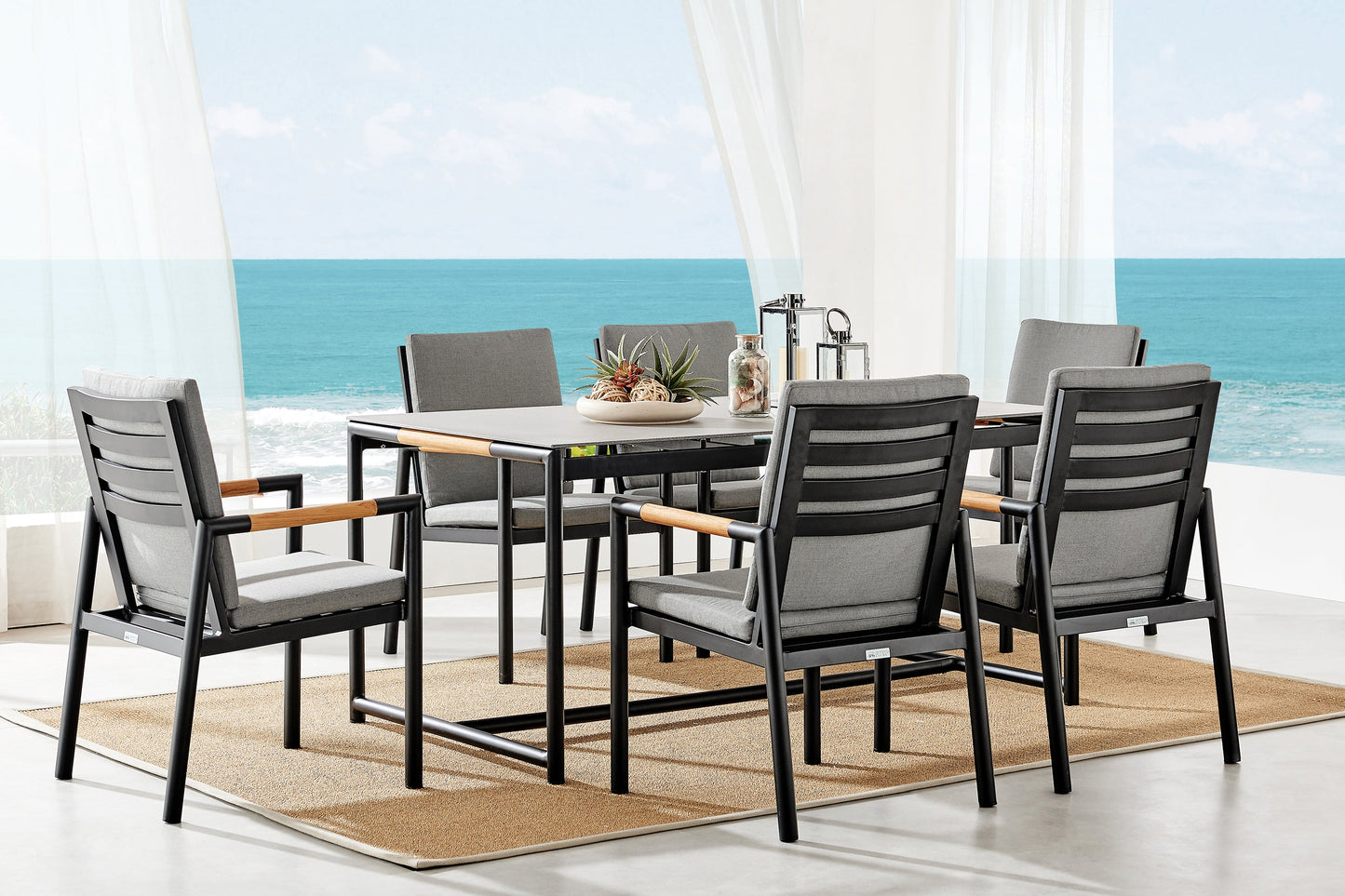 Crown 7 Piece Black Aluminum and Teak Outdoor Dining Set with Dark Gray Fabric