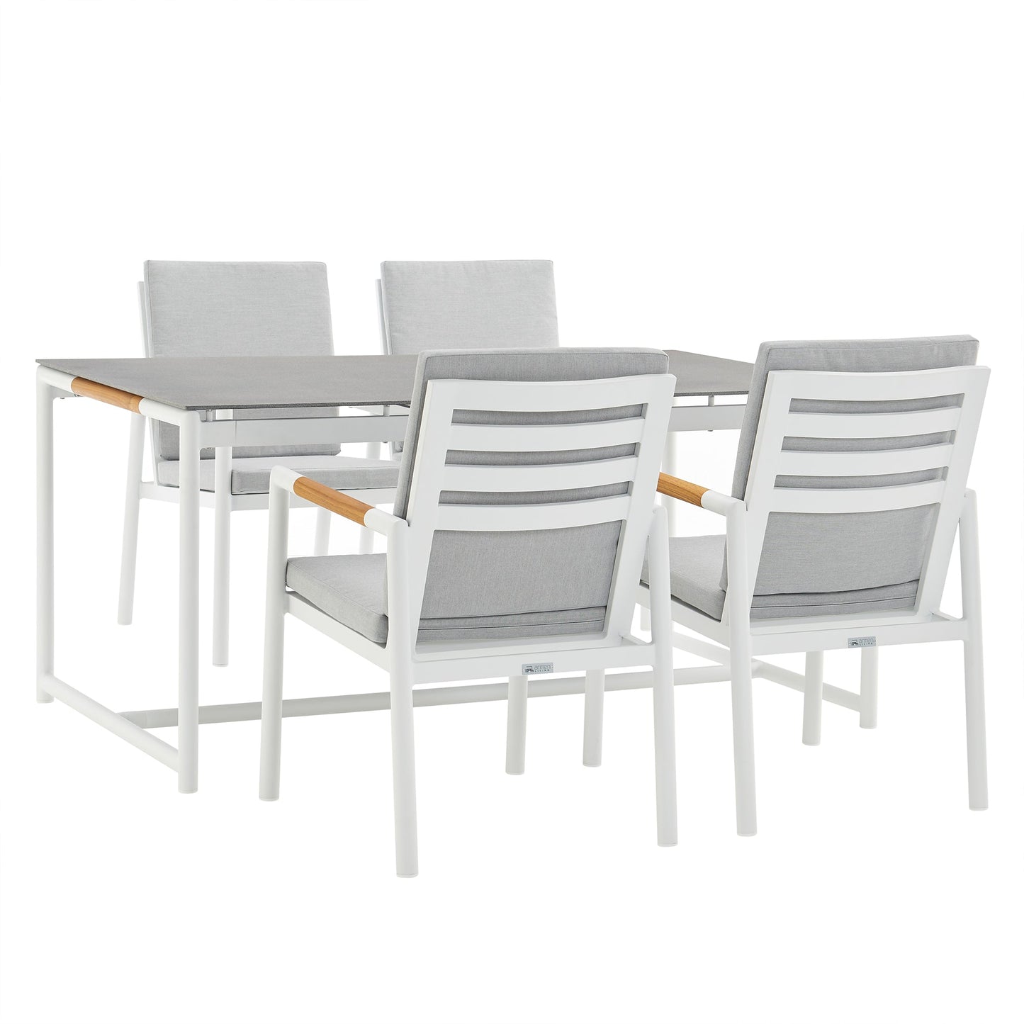 Crown 5 Piece White Aluminum and Teak Outdoor Dining Set with Light Gray Fabric