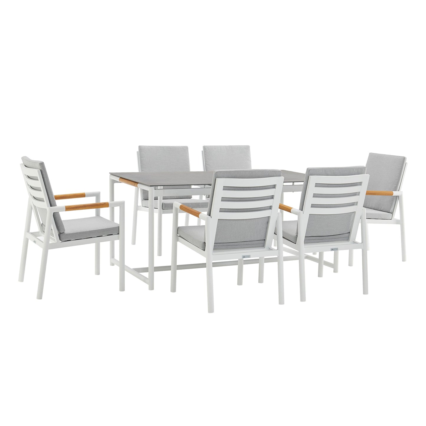 Crown 7 Piece White Aluminum and Teak Outdoor Dining Set with Light Gray Fabric