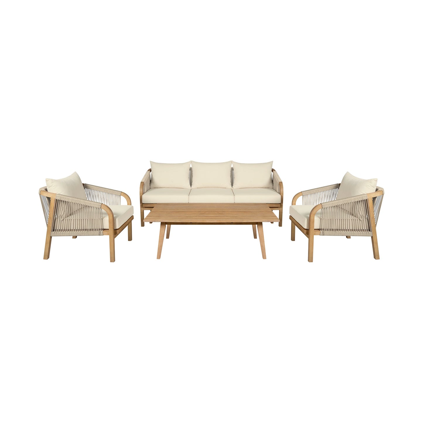 Cypress Outdoor Patio 4 Piece Conversation Set in Blonde Eucalyptus Wood and Light Gray Rope with Ivory Olefin Cushions