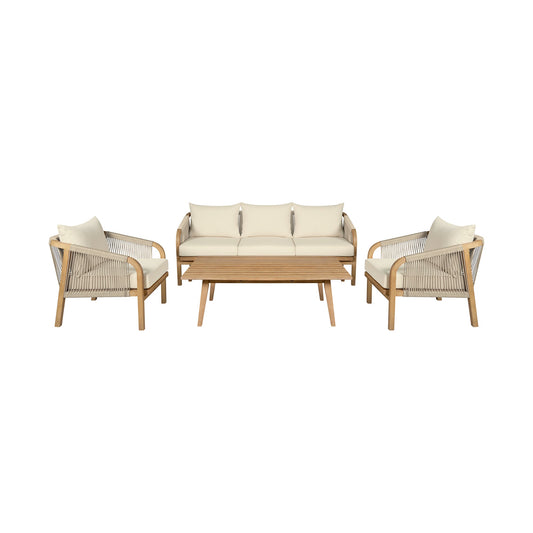 Cypress Outdoor Patio 4 Piece Conversation Set in Blonde Eucalyptus Wood and Light Gray Rope with Ivory Olefin Cushions