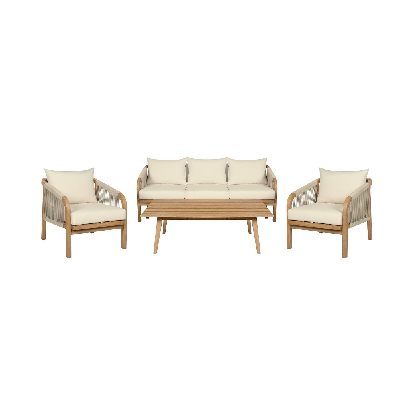 Cypress Outdoor Patio 4 Piece Conversation Set in Blonde Eucalyptus Wood and Light Gray Rope with Ivory Olefin Cushions