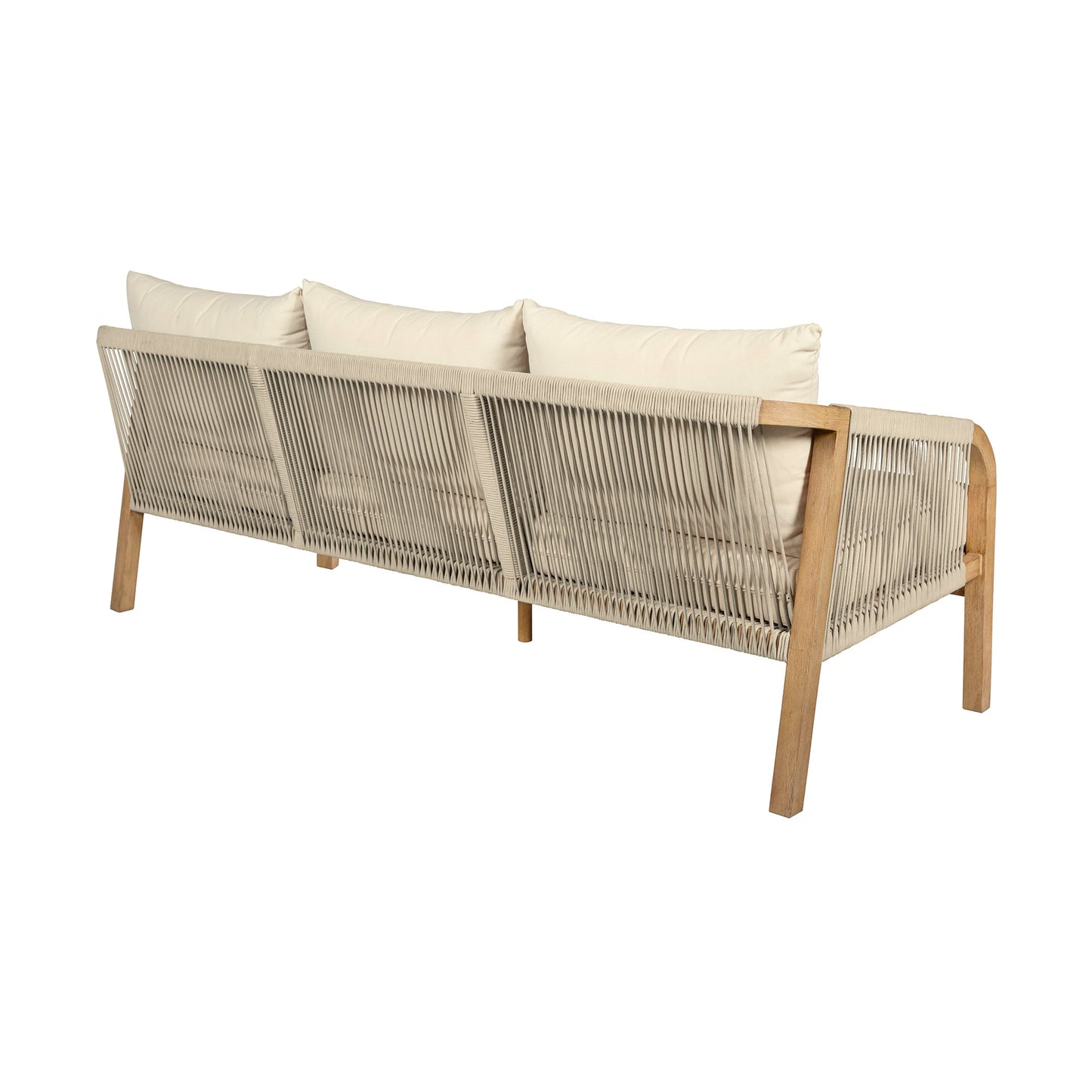 Cypress Outdoor Patio 4 Piece Conversation Set in Blonde Eucalyptus Wood and Light Gray Rope with Ivory Olefin Cushions