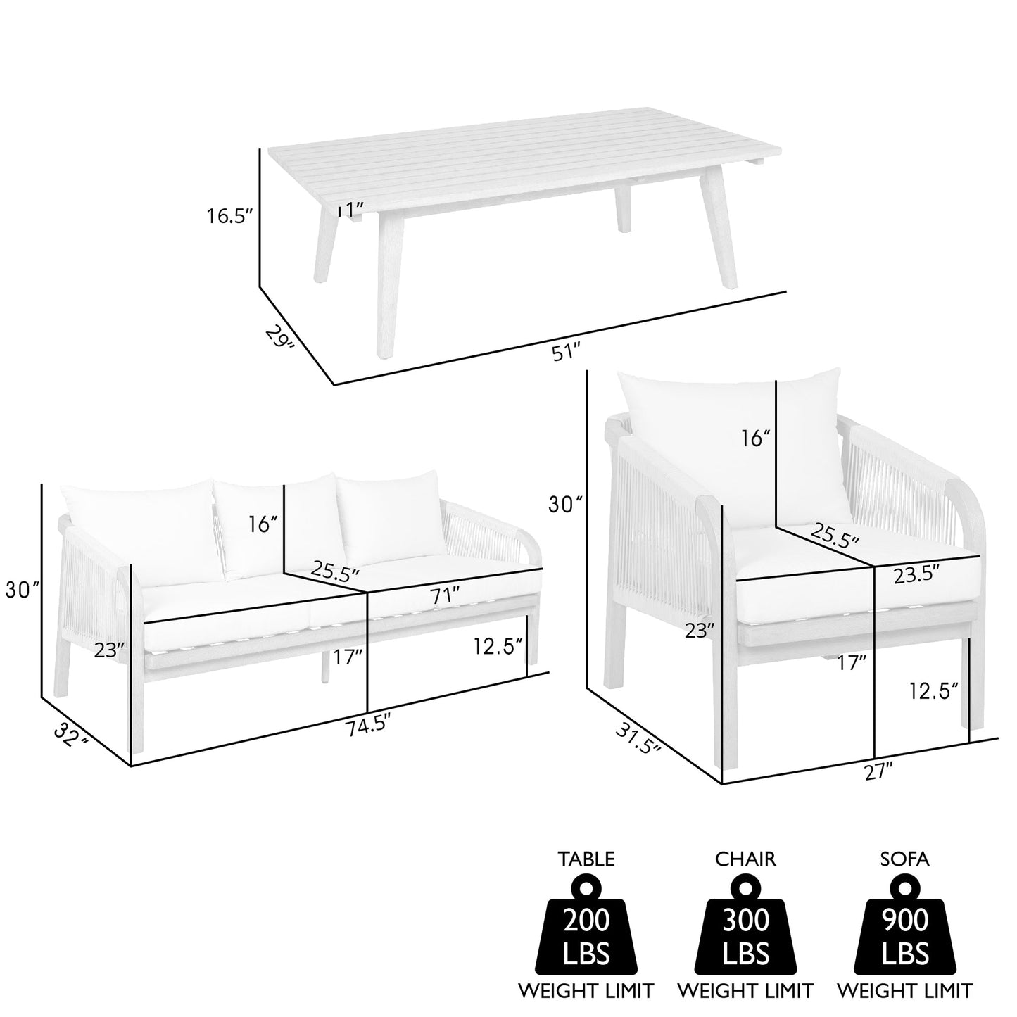 Cypress Outdoor Patio 4 Piece Conversation Set in Blonde Eucalyptus Wood and Light Gray Rope with Ivory Olefin Cushions