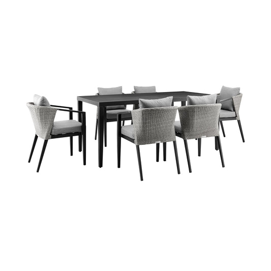 Palma Outdoor Patio 7-Piece Dining Table Set in Aluminum and Wicker with Gray Cushions