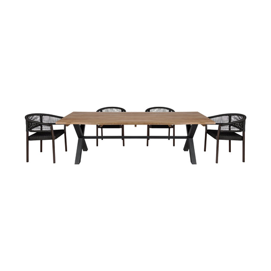 Glendora Doris Outdoor Patio 5 Piece Live Edge Dining Set in Eucalyptus Wood and Black Rope