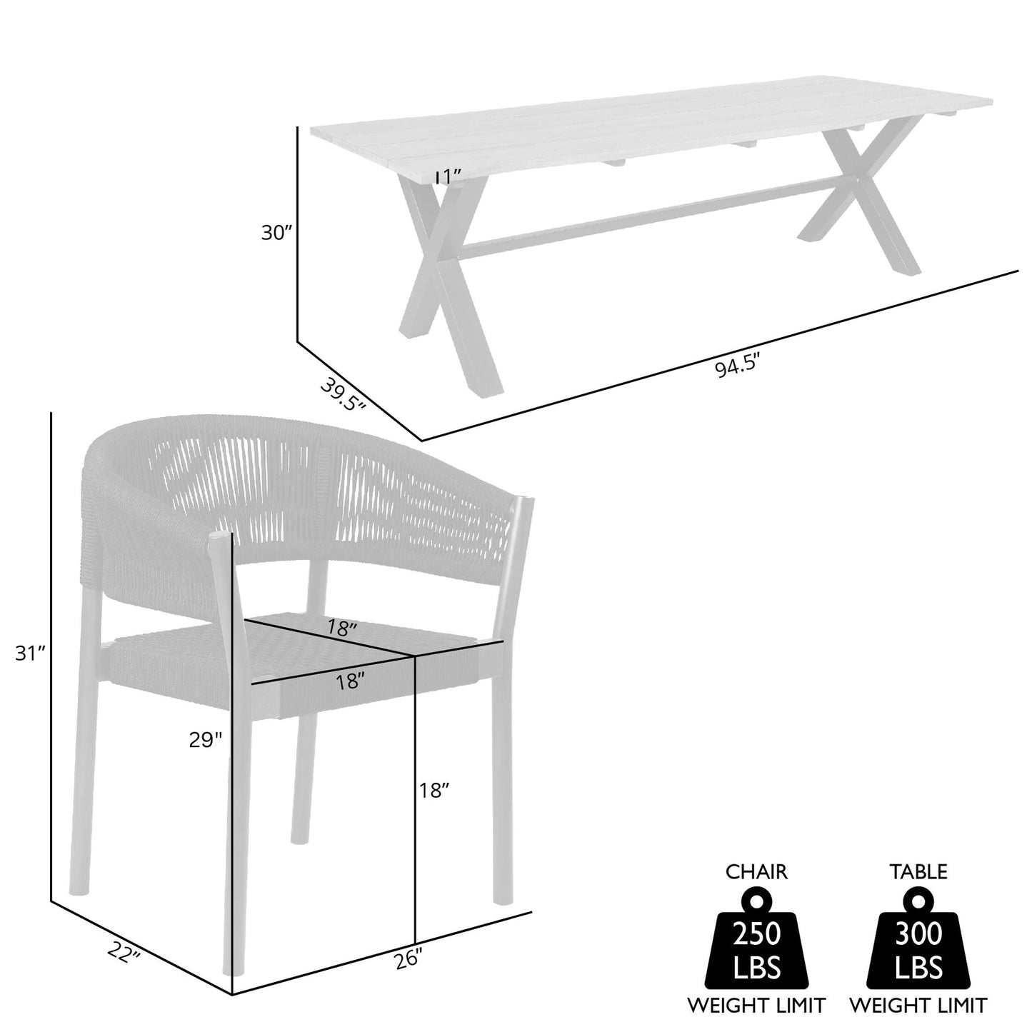 Glendora Doris Outdoor Patio 5 Piece Live Edge Dining Set in Eucalyptus Wood and Black Rope