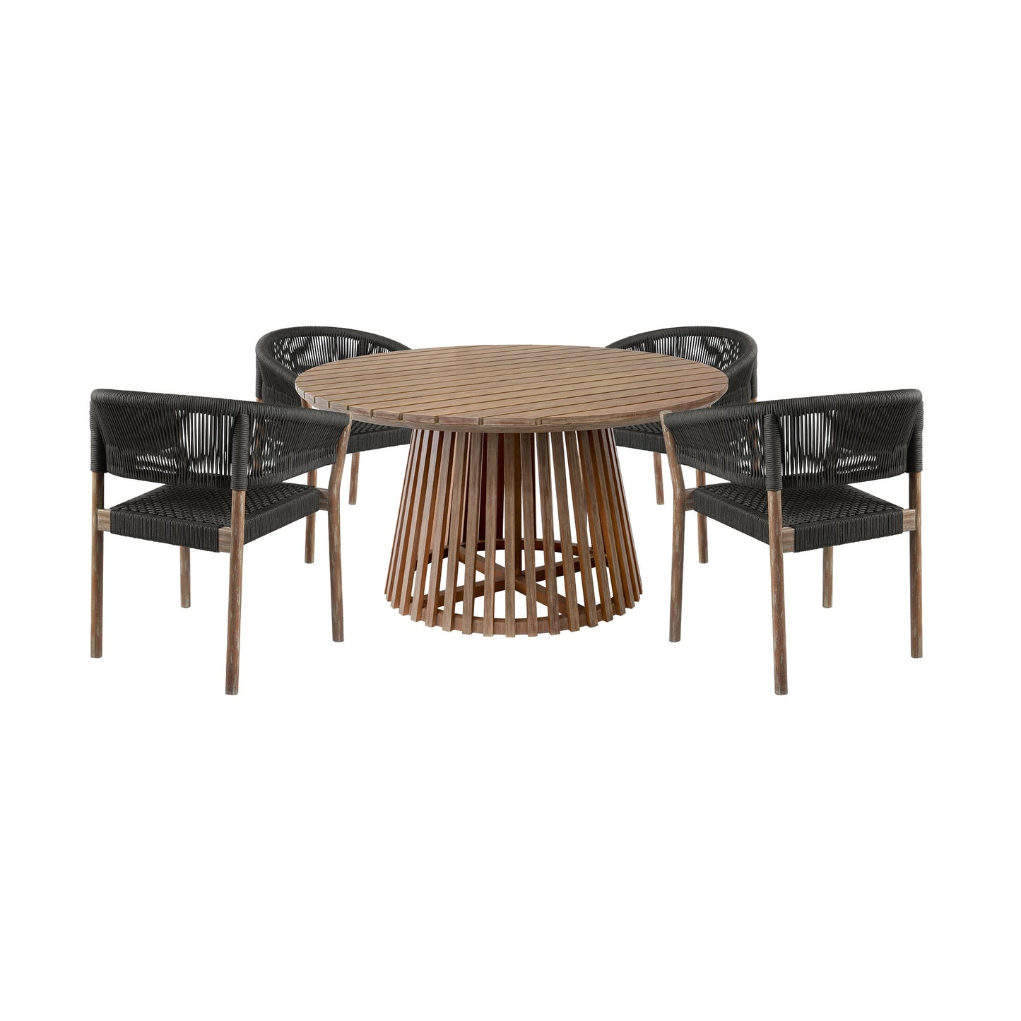 Escondido Doris Outdoor Patio 5 Piece Round Dining Set in Eucalyptus Wood and Black Rope