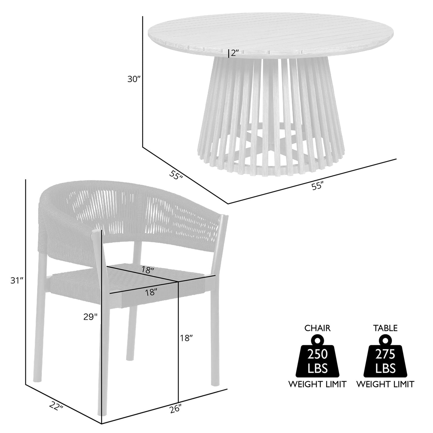 Escondido Doris Outdoor Patio 5 Piece Round Dining Set in Eucalyptus Wood and Black Rope