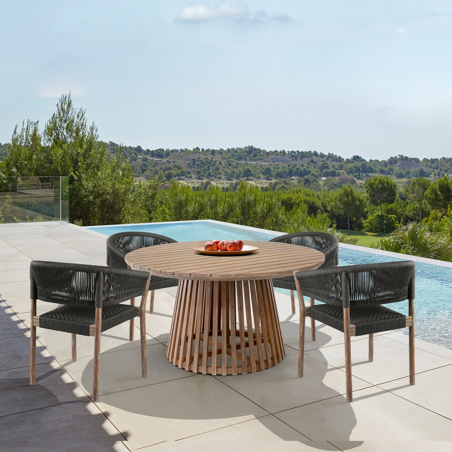 Escondido Doris Outdoor Patio 5 Piece Round Dining Set in Eucalyptus Wood and Black Rope