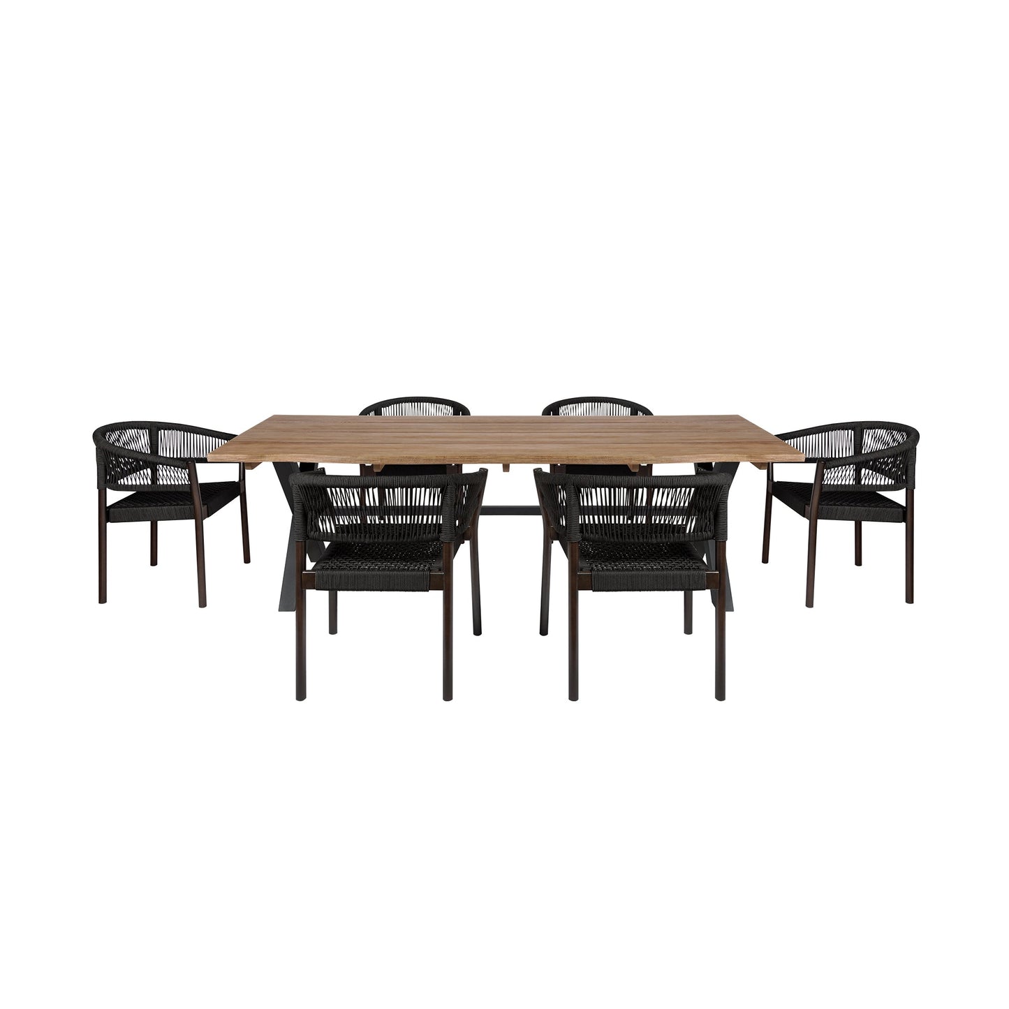 Glendora Doris Outdoor Patio 7 Piece Live Edge Dining Set in Eucalyptus Wood and Black Rope