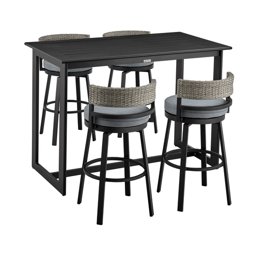 Encinitas Outdoor Patio 5-Piece Bar Table Set in Aluminum with Gray Cushions