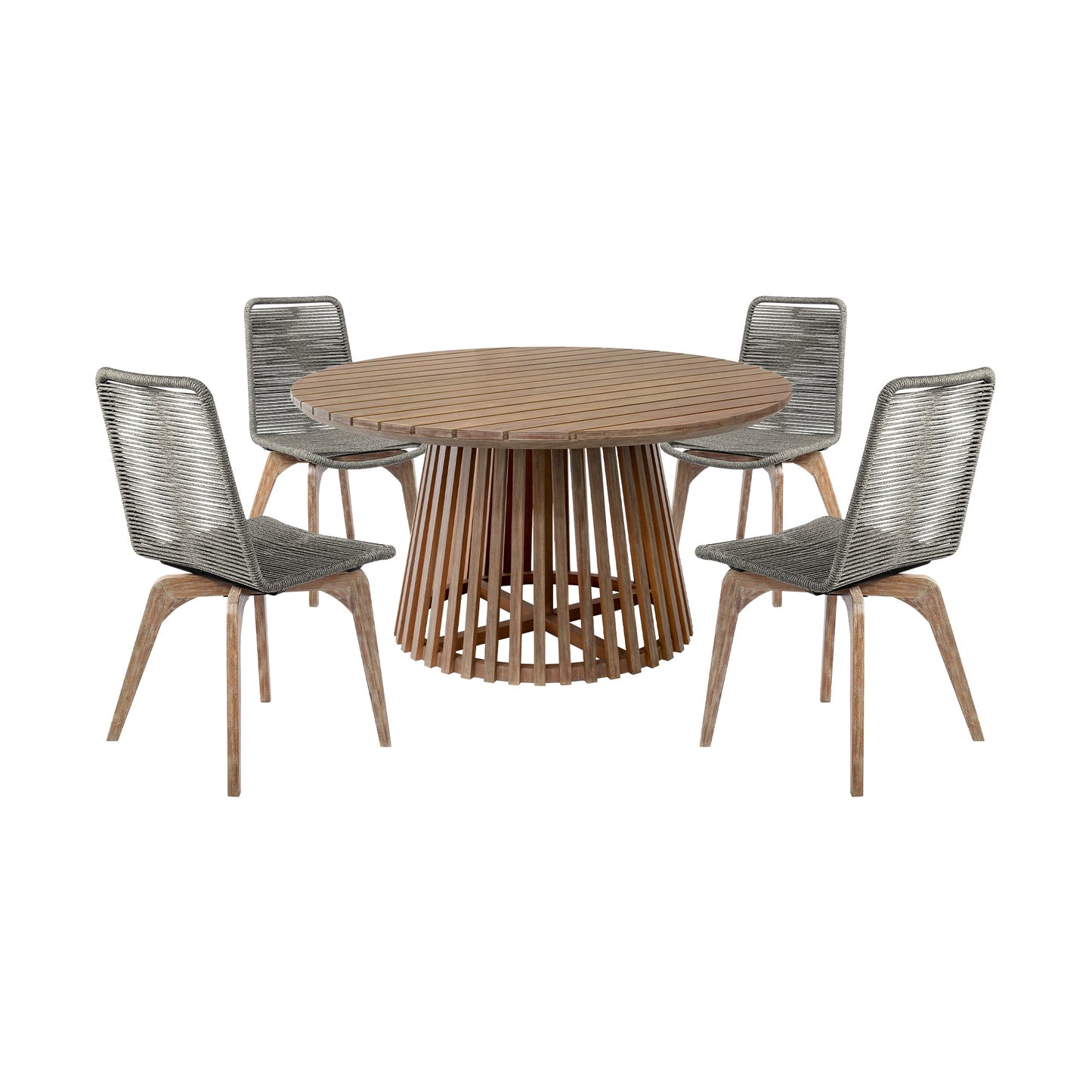 Escondido Island Outdoor Patio 5 Piece Round Dining Set in Eucalyptus Wood and Gray Rope