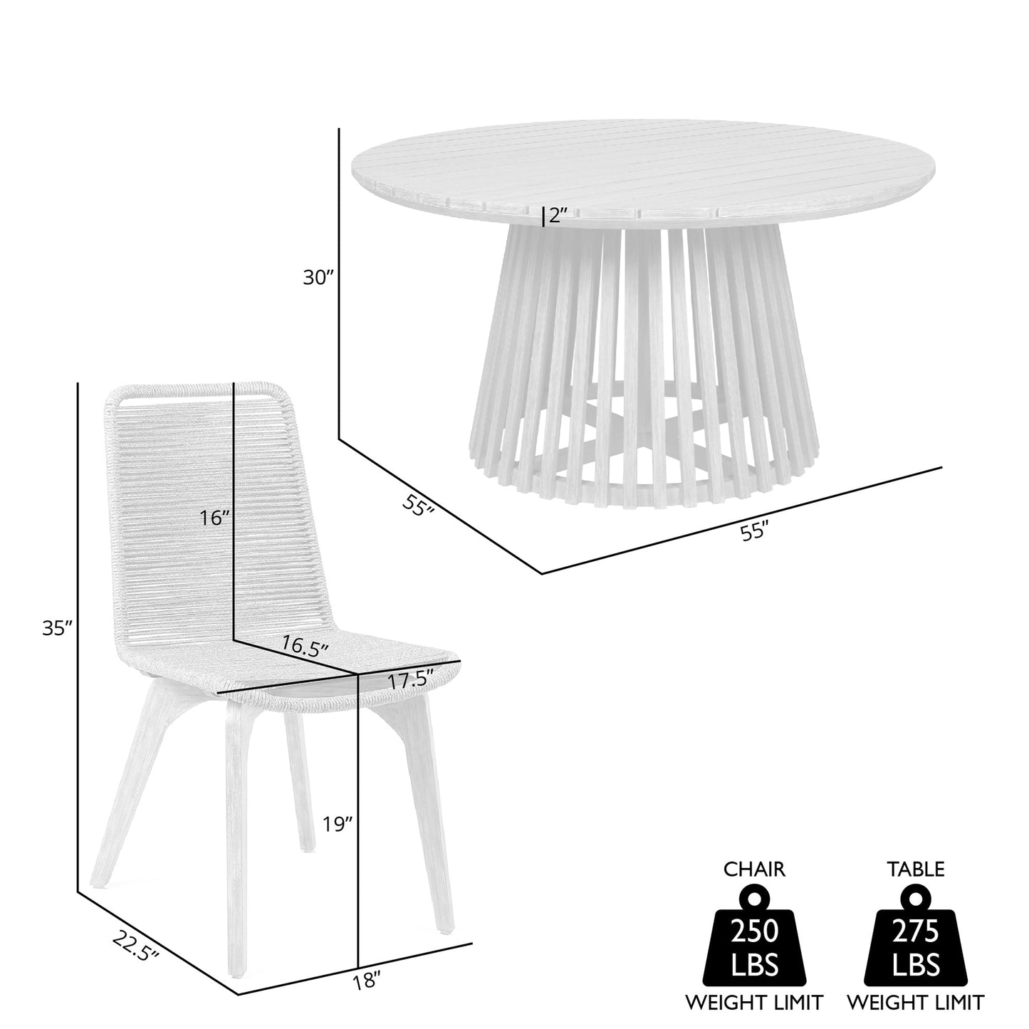 Escondido Island Outdoor Patio 5 Piece Round Dining Set in Eucalyptus Wood and Gray Rope