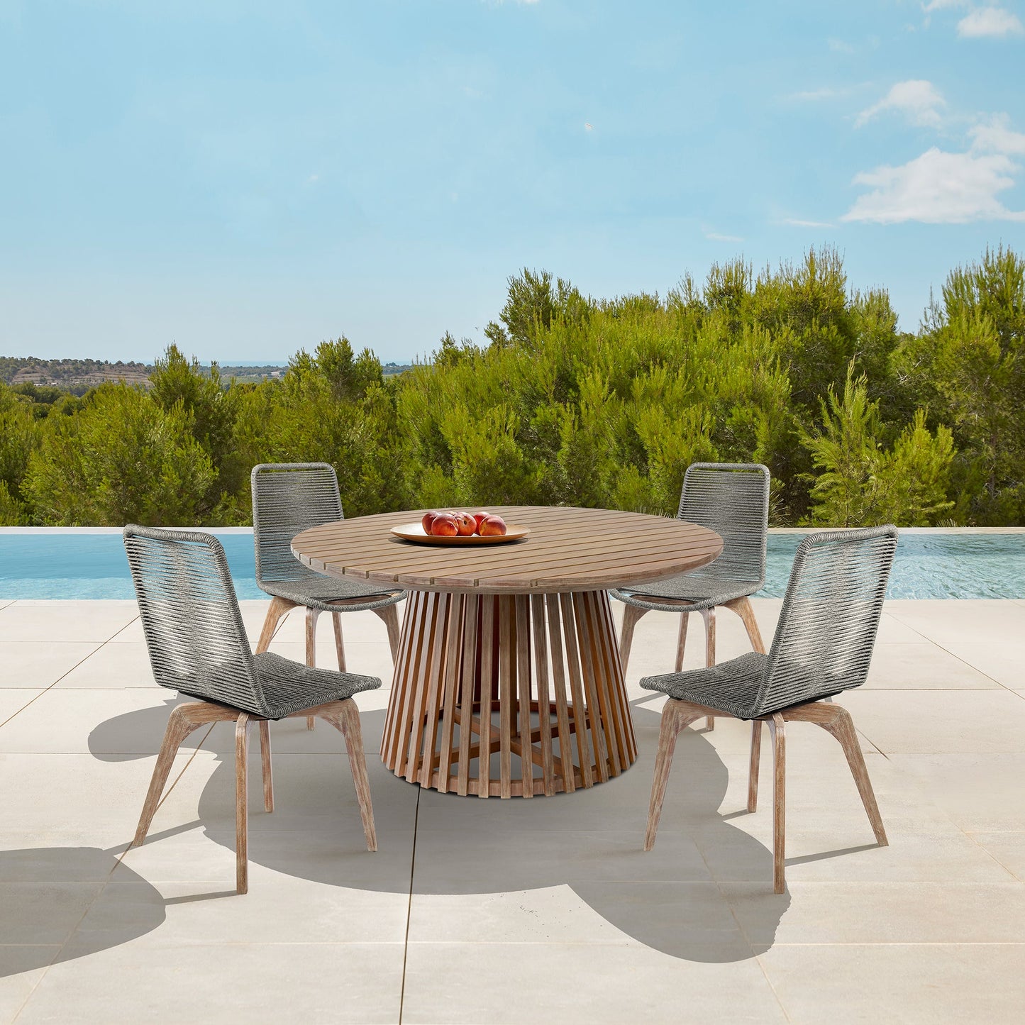 Escondido Island Outdoor Patio 5 Piece Round Dining Set in Eucalyptus Wood and Gray Rope