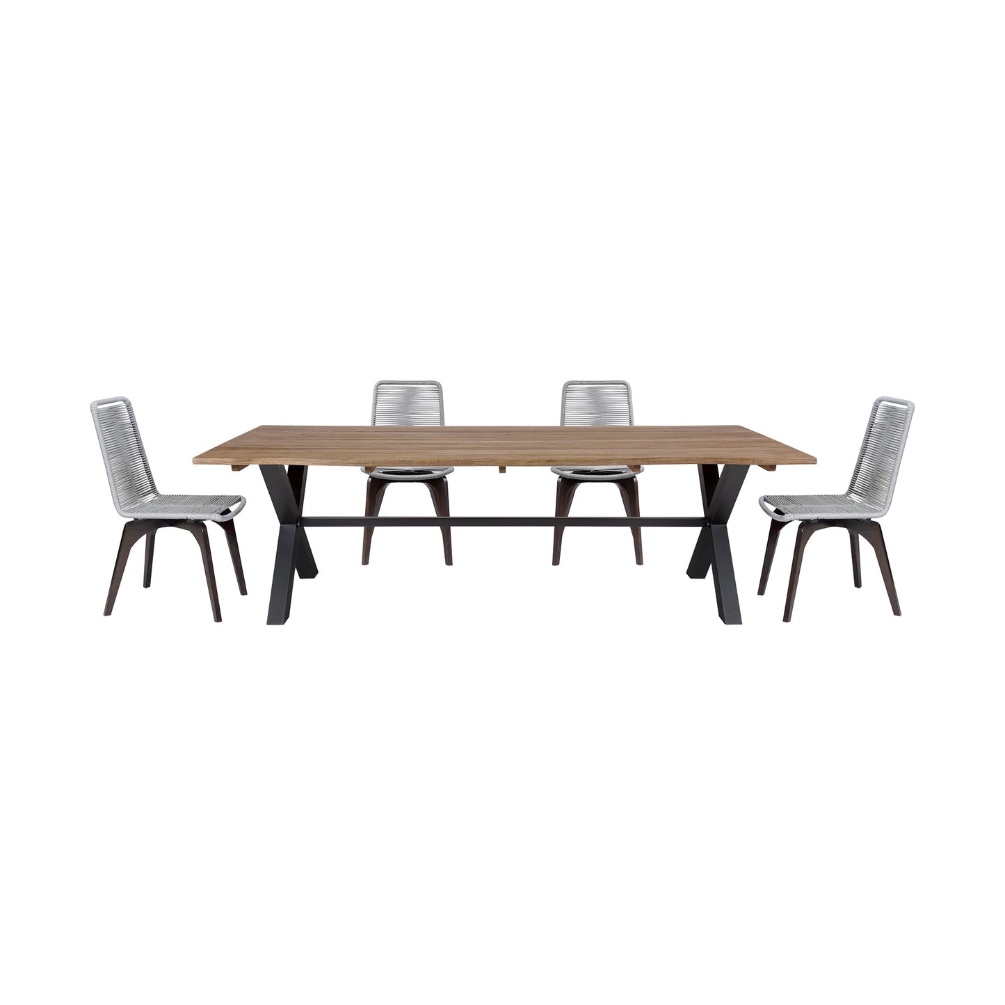 Glendora Island Outdoor Patio 5 Piece Live Edge Dining Set in Eucalyptus Wood and Silver Rope