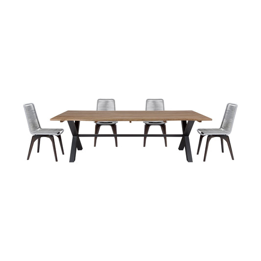 Glendora Island Outdoor Patio 5 Piece Live Edge Dining Set in Eucalyptus Wood and Silver Rope