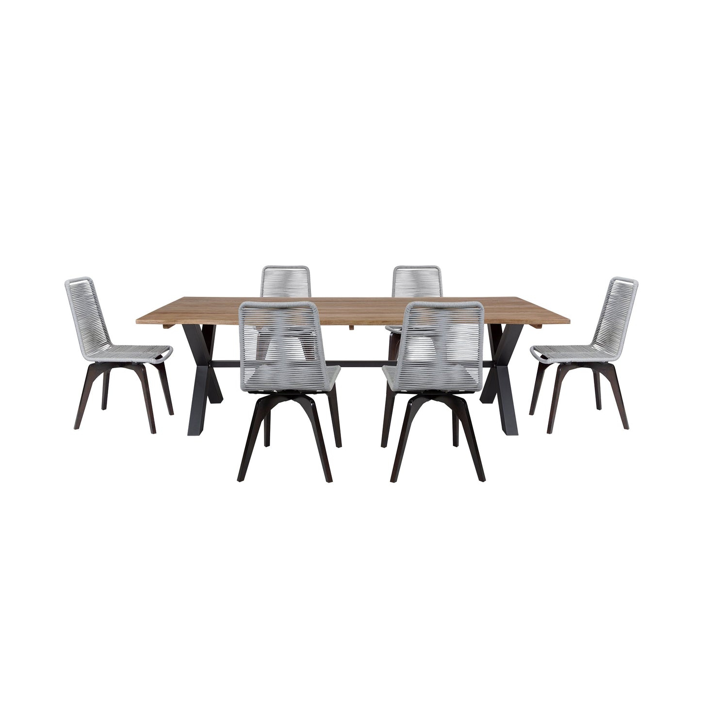 Glendora Island Outdoor Patio 7 Piece Live Edge Dining Set in Eucalyptus Wood and Silver Rope