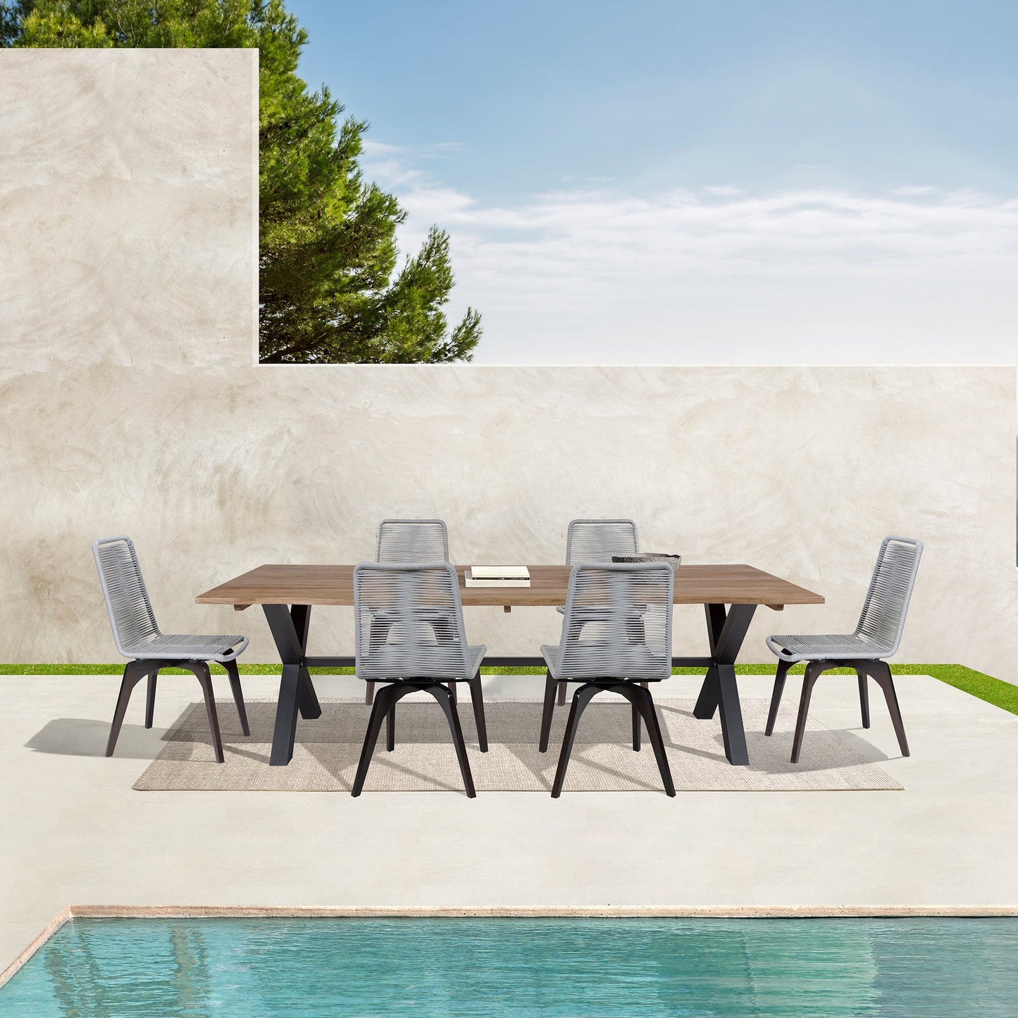 Glendora Island Outdoor Patio 7 Piece Live Edge Dining Set in Eucalyptus Wood and Silver Rope