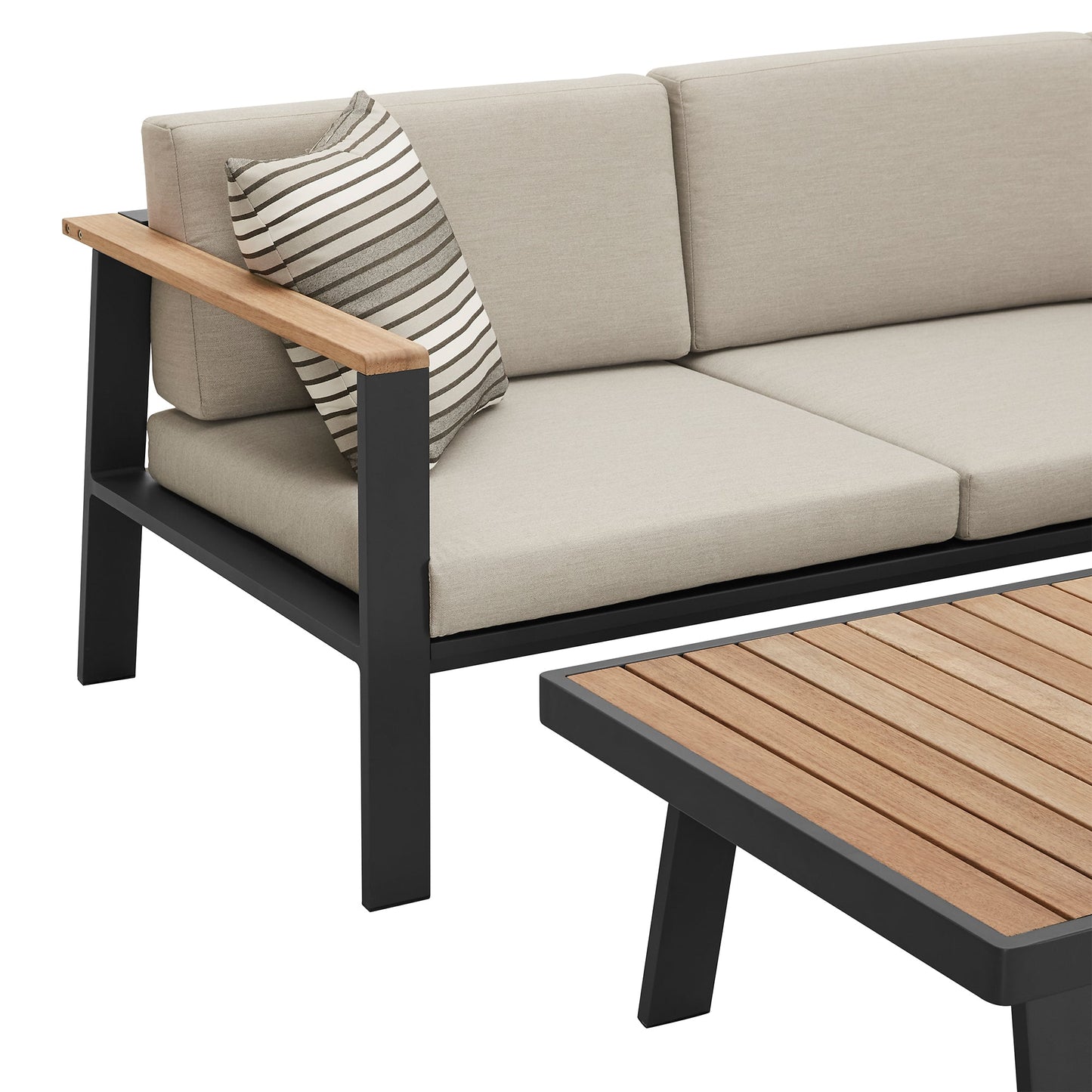 Nofi Outdoor Patio Sectional Set in Charcoal Finish with Taupe Cushions and Teak Wood