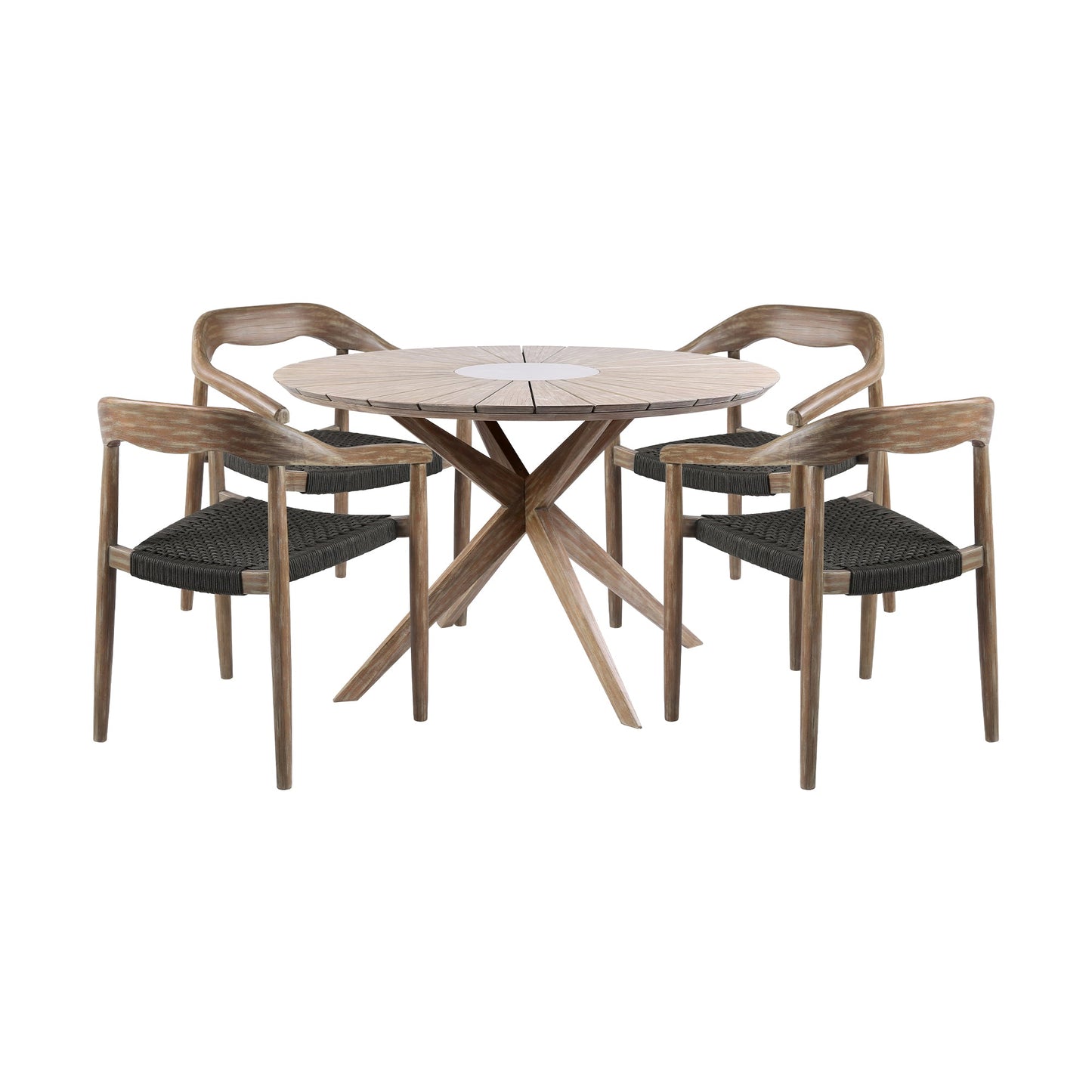 Oasis Santo Outdoor Patio 5 Piece Round Dining Set in Eucalyptus Wood and Charcoal Rope