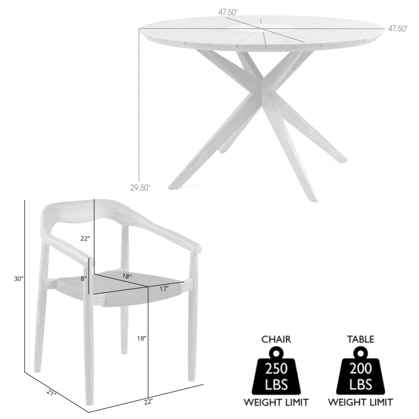 Oasis Santo Outdoor Patio 5 Piece Round Dining Set in Eucalyptus Wood and Charcoal Rope