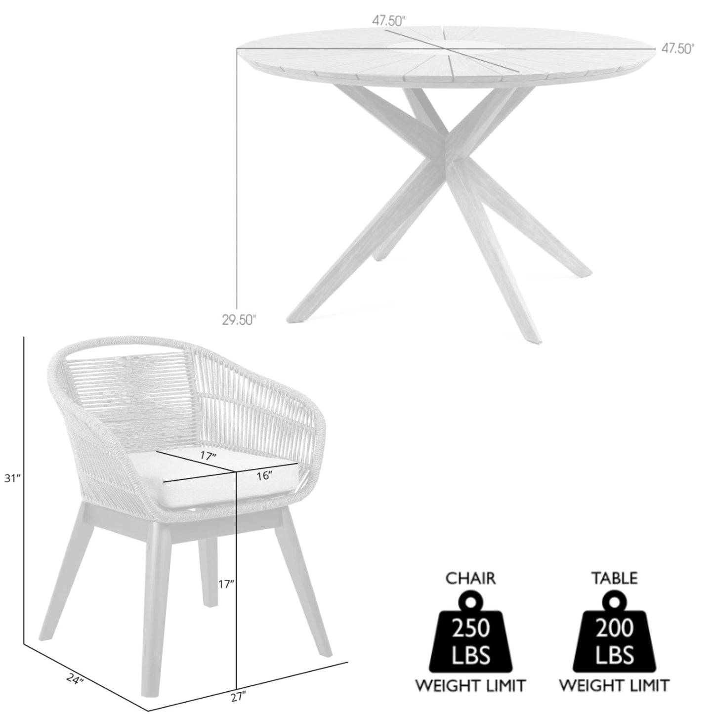 Oasis Tutti Frutti Outdoor Patio 5 Piece Round Dining Set in Eucalyptus Wood with Gray Rope and Cushions