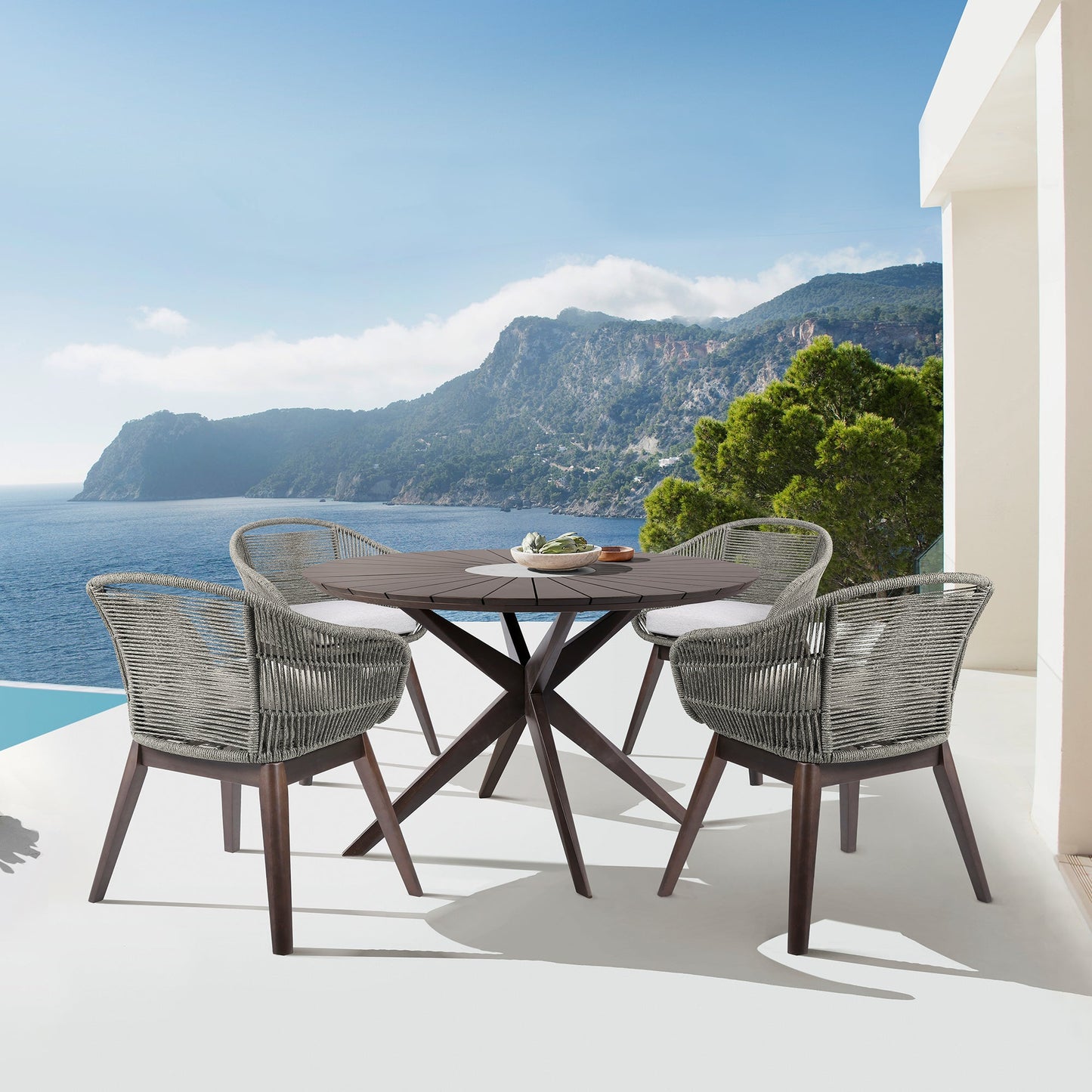 Oasis Tutti Frutti Outdoor Patio 5 Piece Round Dining Set in Eucalyptus Wood with Gray Rope and Cushions