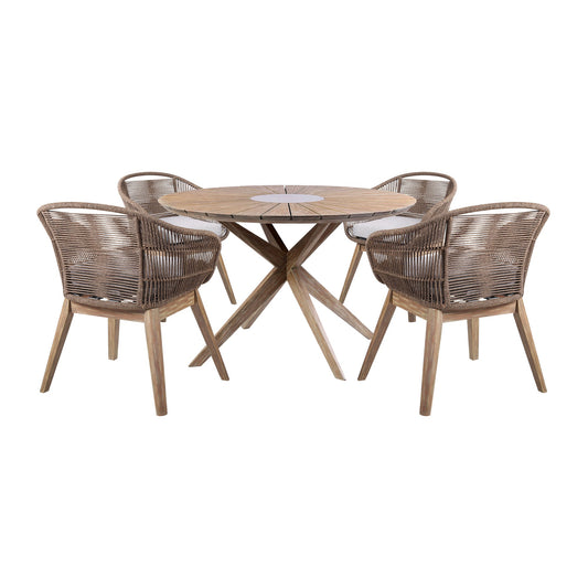 Oasis Tutti Frutti Outdoor Patio 5 Piece Round Dining Set in Eucalyptus Wood with Truffle Rope and Gray Cushions