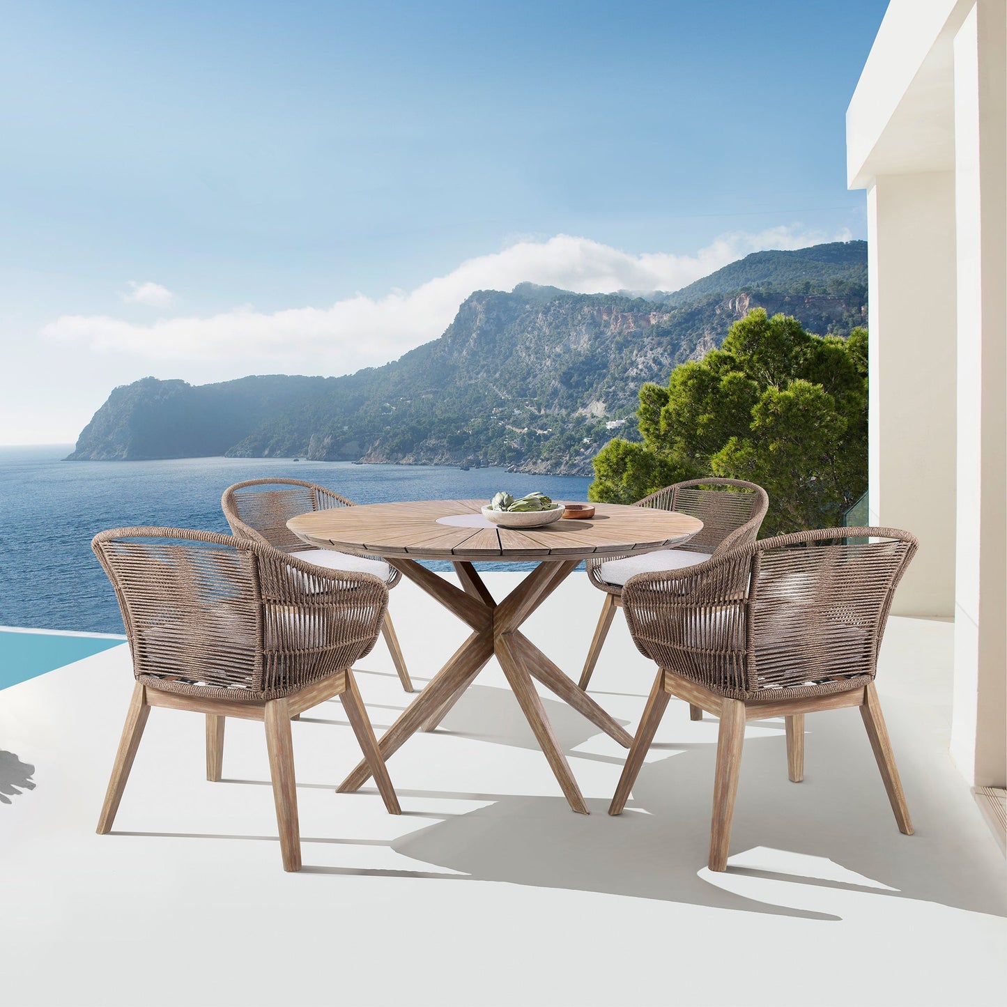 Oasis Tutti Frutti Outdoor Patio 5 Piece Round Dining Set in Eucalyptus Wood with Truffle Rope and Gray Cushions