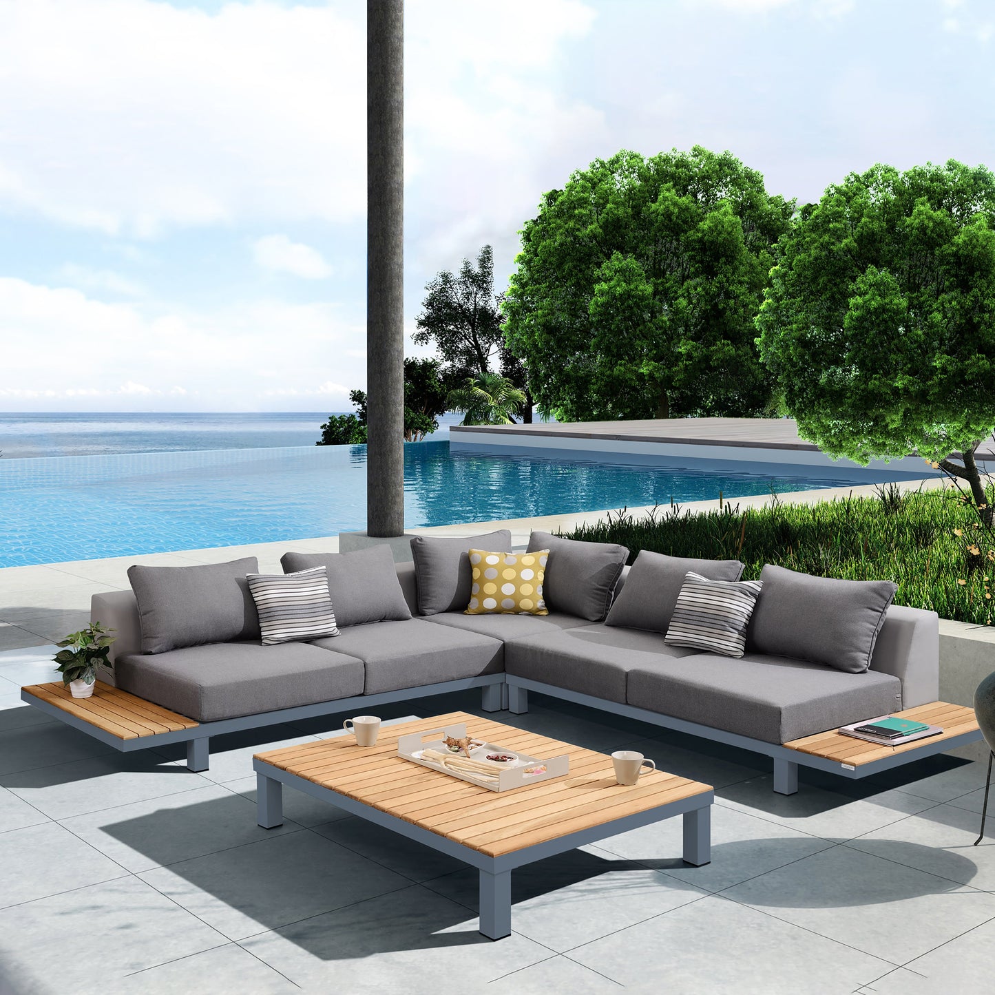 Polo 4 piece Outdoor Sectional Set with Dark Gray Cushions and Modern Accent Pillows