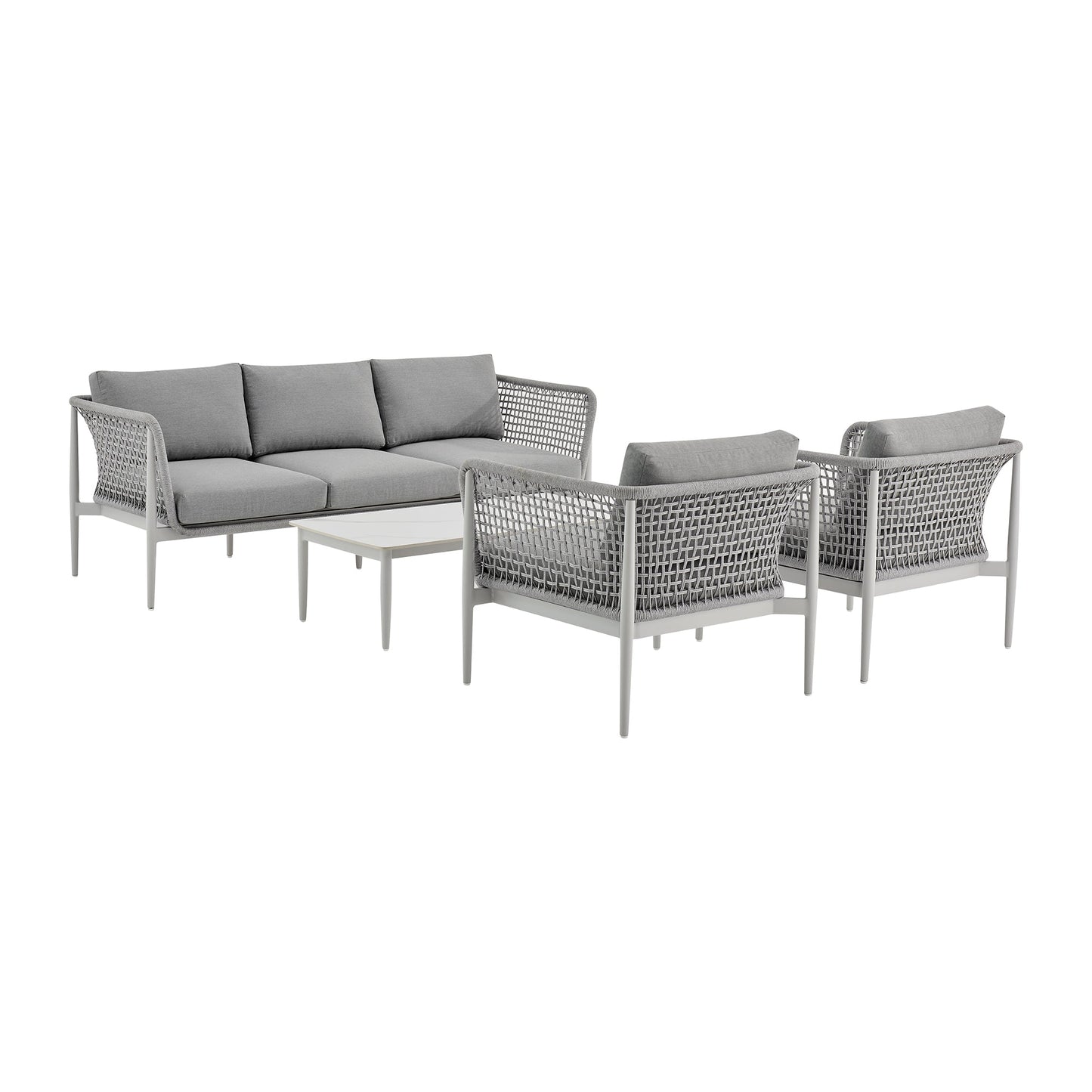 Rhodes Outdoor Patio 4 Piece Conversation Set in Aluminum with Sintered Stone and Gray Cushions