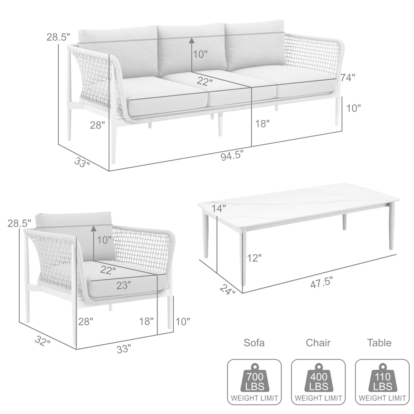 Rhodes Outdoor Patio 4 Piece Conversation Set in Aluminum with Sintered Stone and Gray Cushions