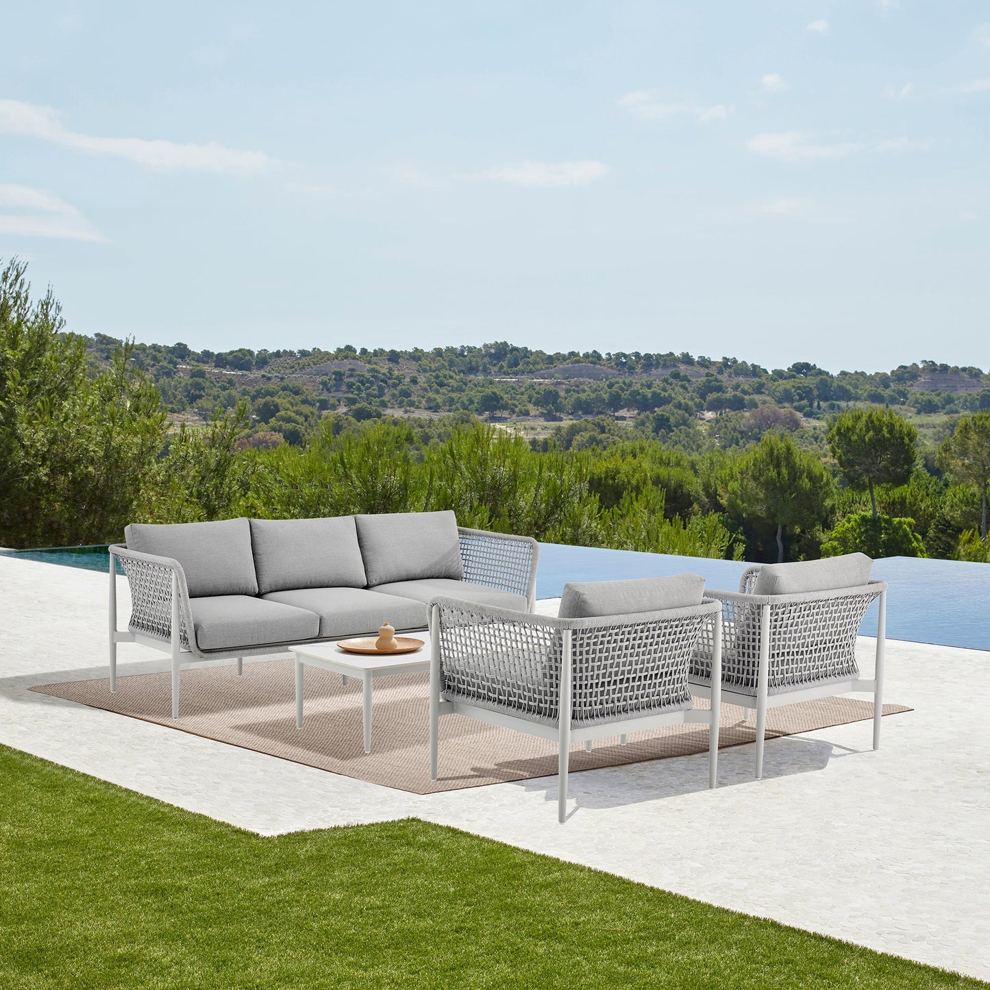 Rhodes Outdoor Patio 4 Piece Conversation Set in Aluminum with Sintered Stone and Gray Cushions