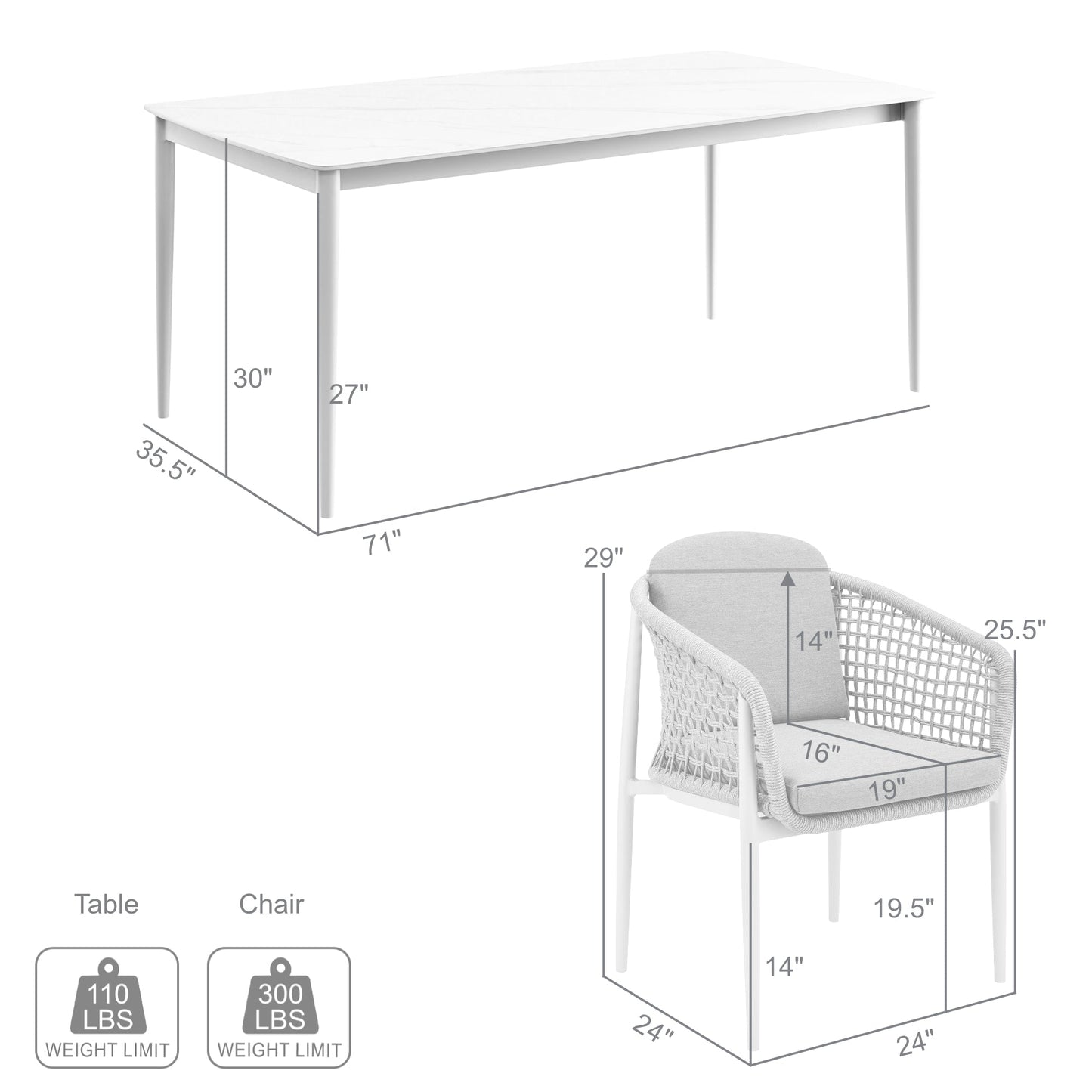 Rhodes Outdoor Patio 5 Piece Dining Set in Aluminum with Sintered Stone and Gray Cushions