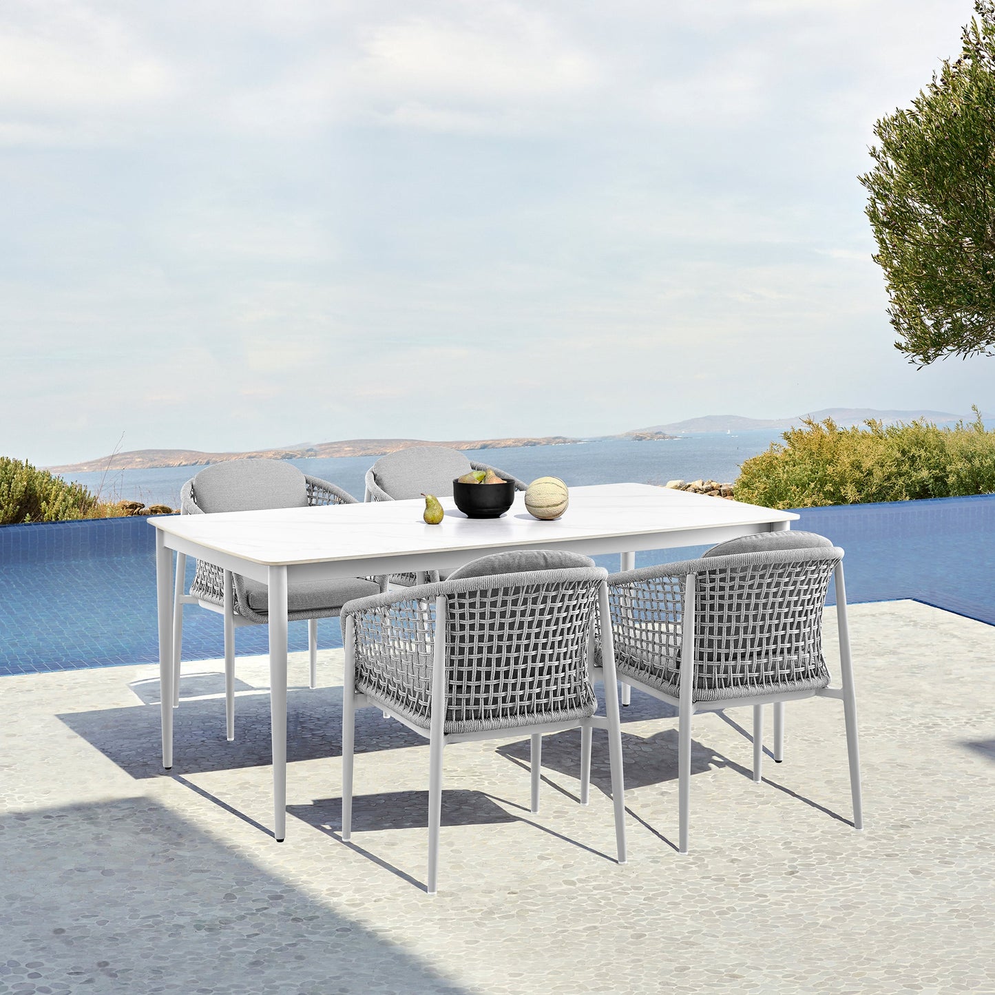 Rhodes Outdoor Patio 5 Piece Dining Set in Aluminum with Sintered Stone and Gray Cushions