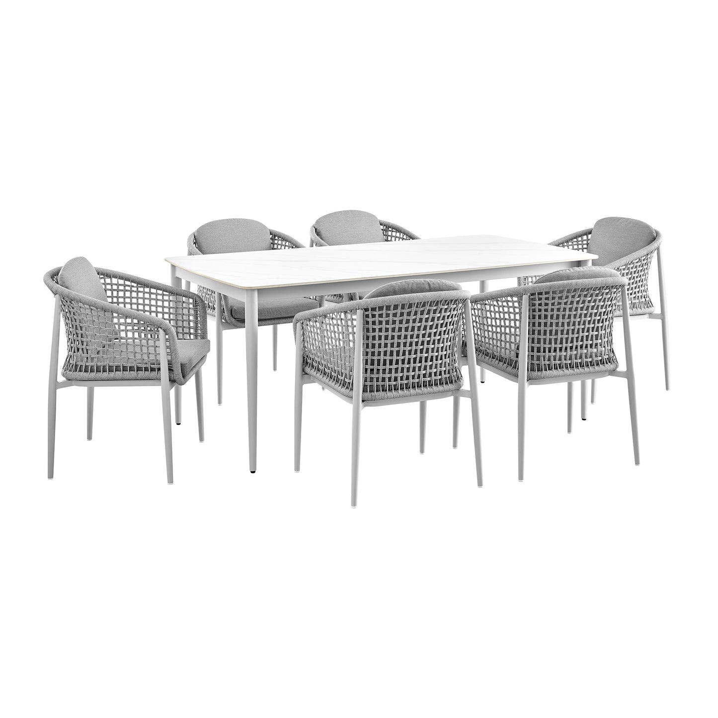 Rhodes Outdoor Patio 7 Piece Dining Set in Aluminum with Sintered Stone and Gray Cushions