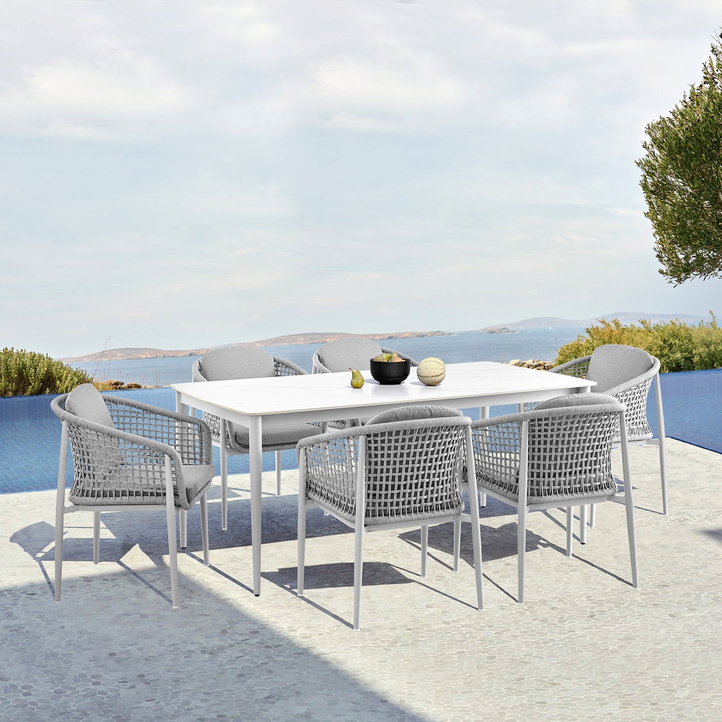 Rhodes Outdoor Patio 7 Piece Dining Set in Aluminum with Sintered Stone and Gray Cushions