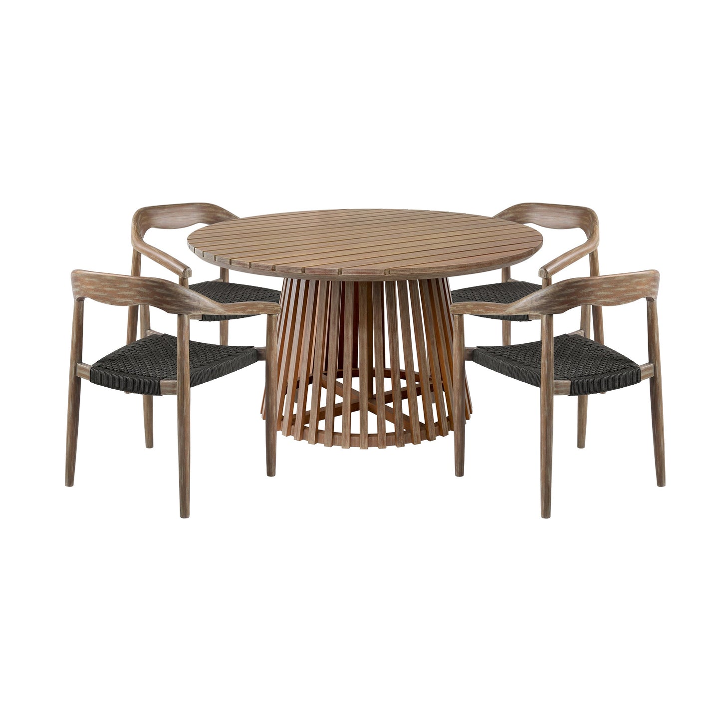 Escondido Santo Outdoor Patio 5 Piece Round Dining Set in Eucalyptus Wood and Charcoal Rope