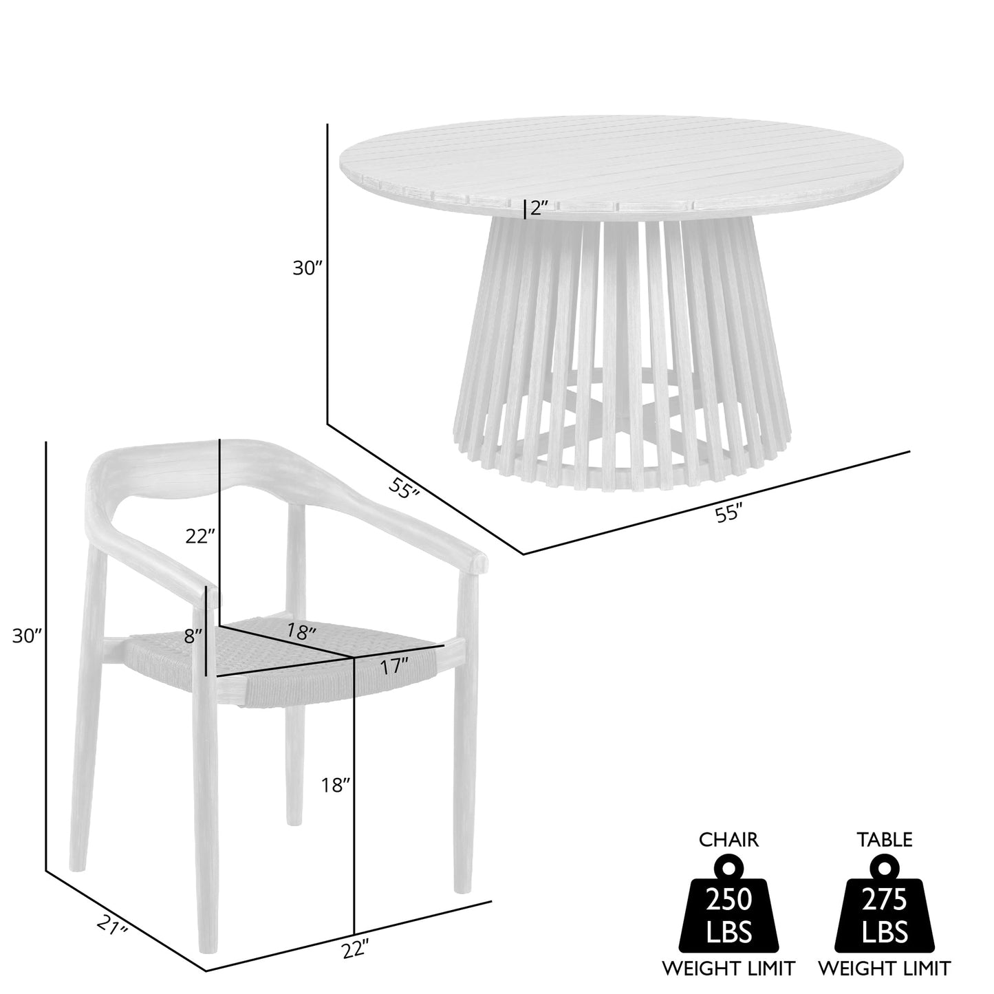 Escondido Santo Outdoor Patio 5 Piece Round Dining Set in Eucalyptus Wood and Charcoal Rope