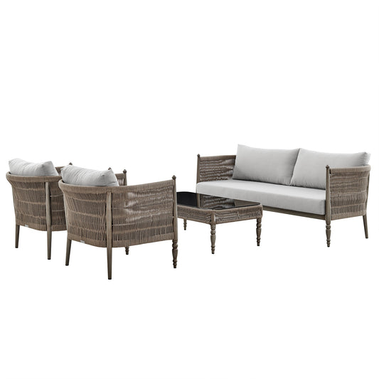 Safari 4 Piece Outdoor Aluminum and Rope Seating Set with Gray Cushions