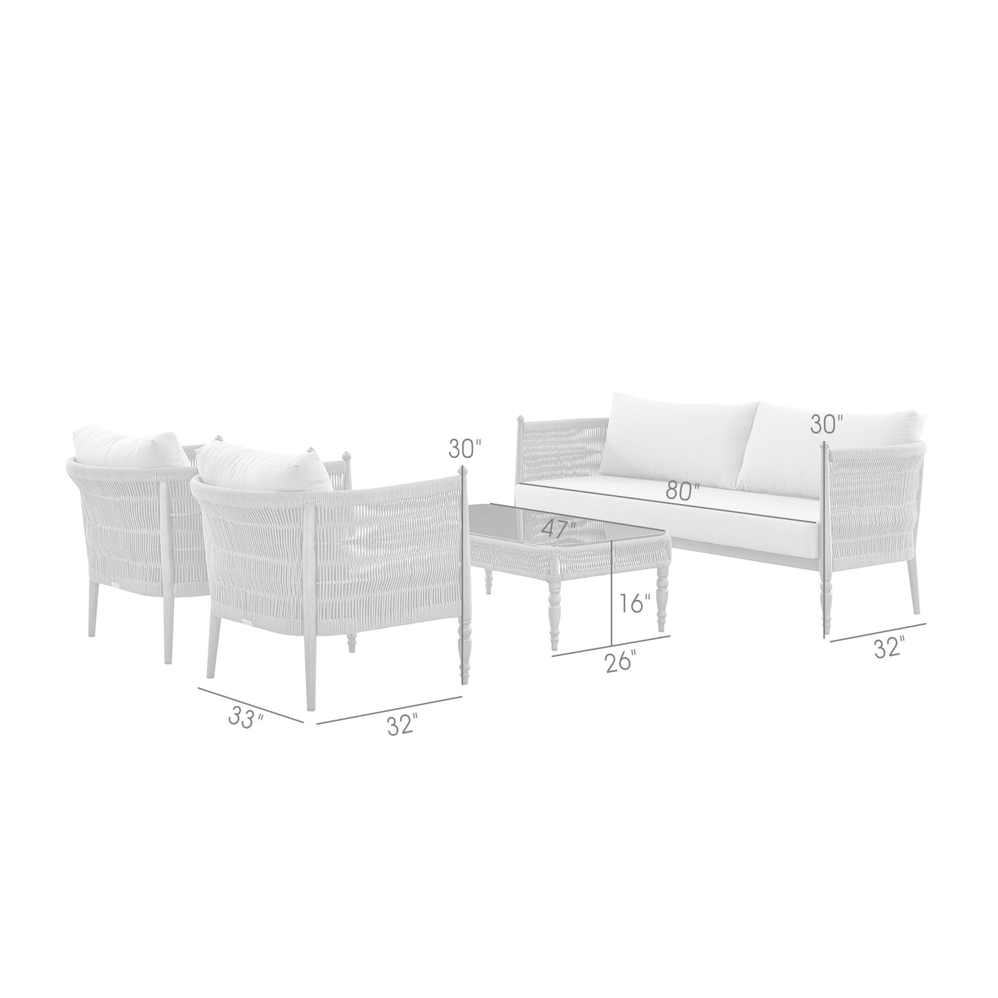 Safari 4 Piece Outdoor Aluminum and Rope Seating Set with Gray Cushions