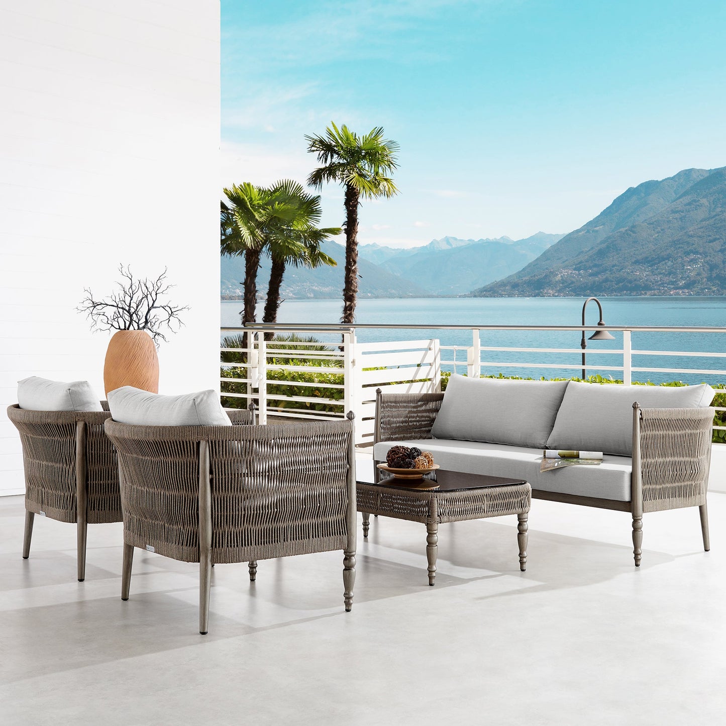 Safari 4 Piece Outdoor Aluminum and Rope Seating Set with Gray Cushions