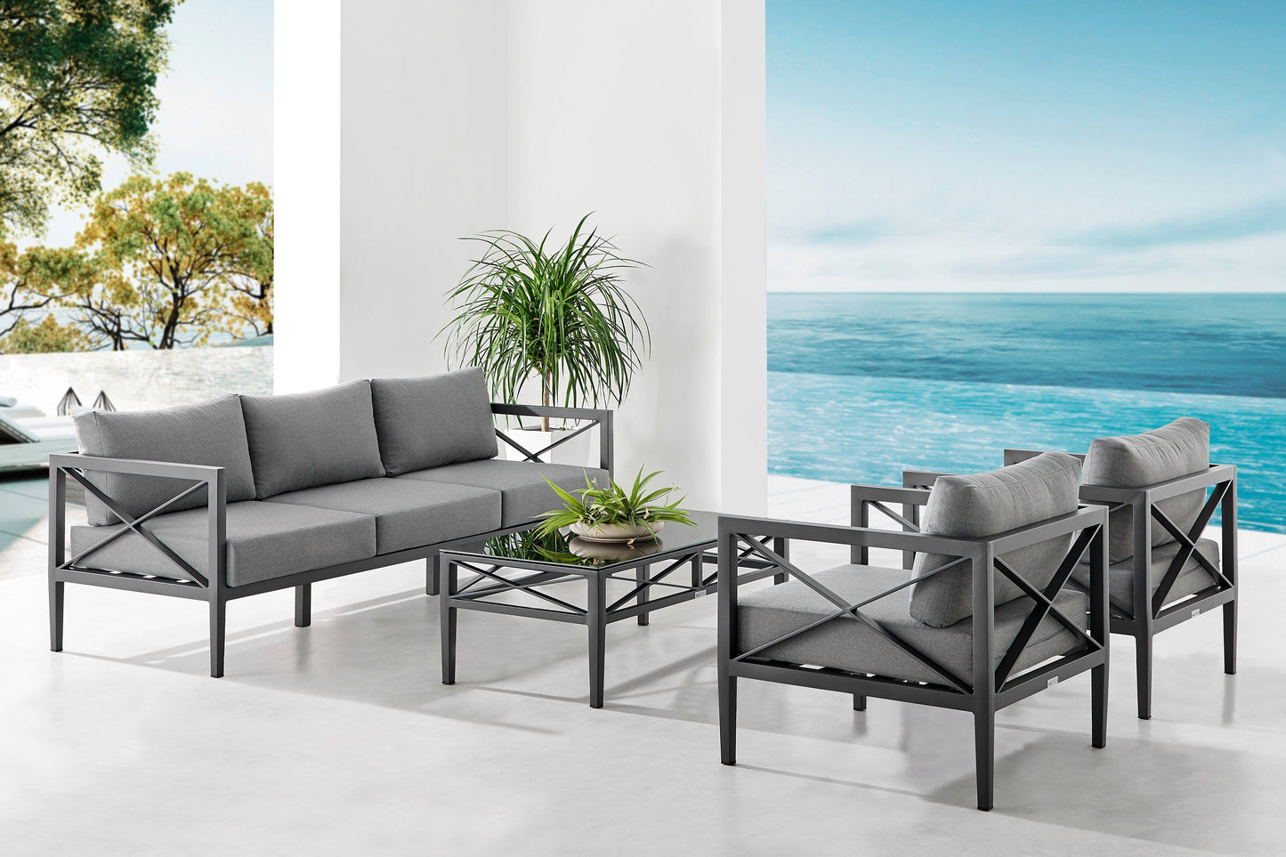 Sonoma Outdoor 4 piece Set in Dark Gray Finish and Dark Gray Cushions